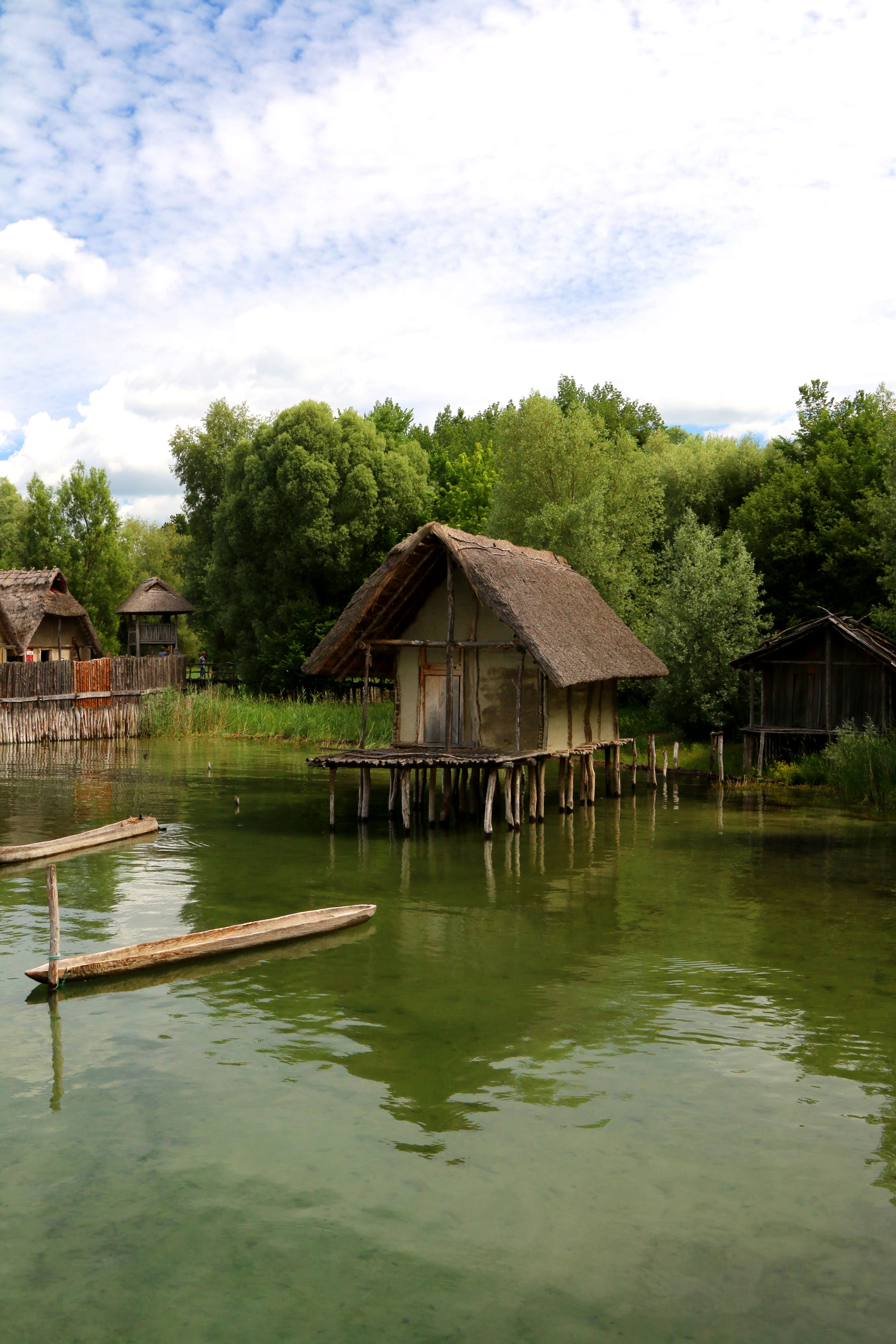 water, tree, outdoors, 5K, built structure, architecture, roof, waterfront, cloud - sky, no people, plant, house, day, nature, beauty in nature, pile-dwelling museum, Phone HD Wallpaper