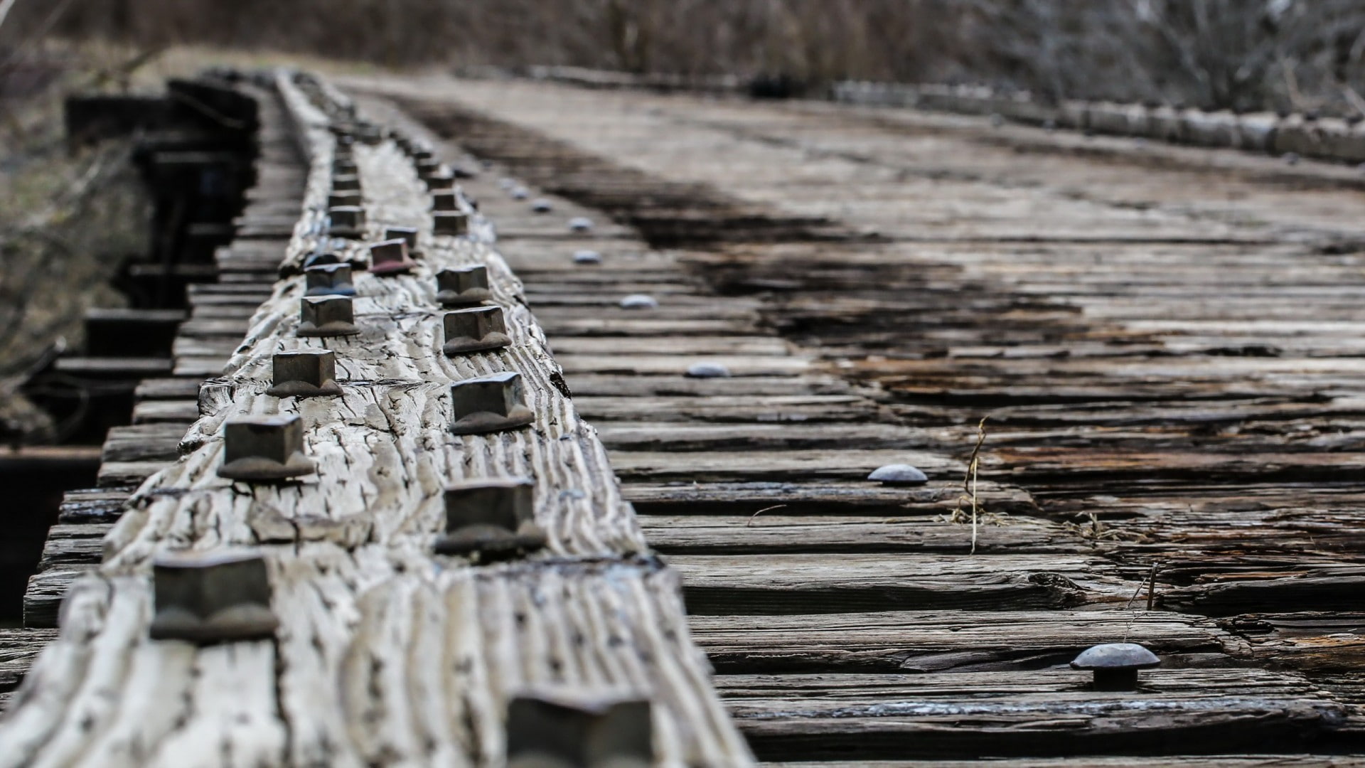 bridge, high angle view, outdoors, architecture, focus on foreground, low saturation, still life, land, nature, pattern, close-up, rivets, selective focus, HD Wallpaper