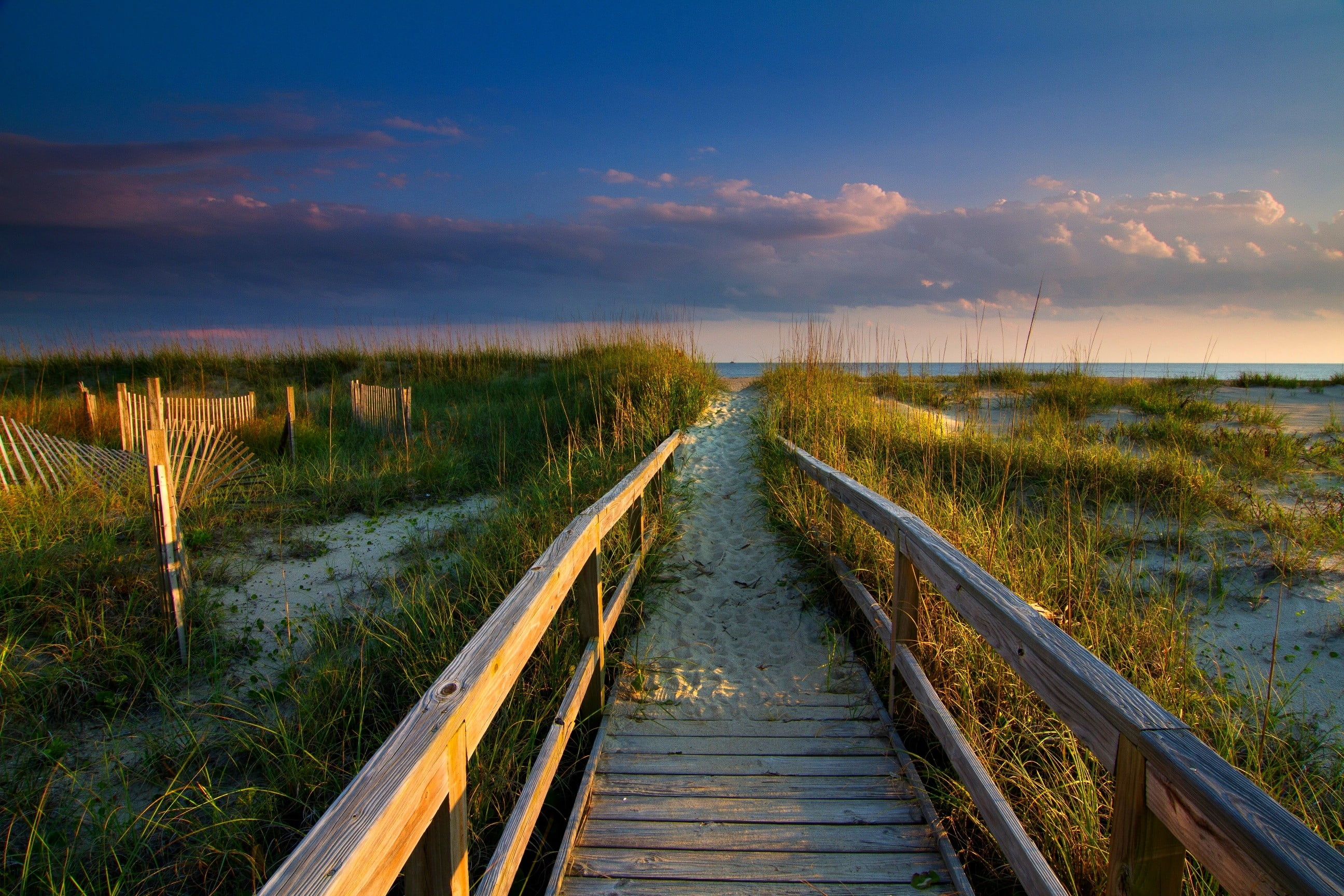 walkway, footpath, coast, diminishing perspective, railing, bridge, land, sky, landscape, clouds, scenics - nature, boardwalk, tranquil scene, non-urban scene, HD Wallpaper
