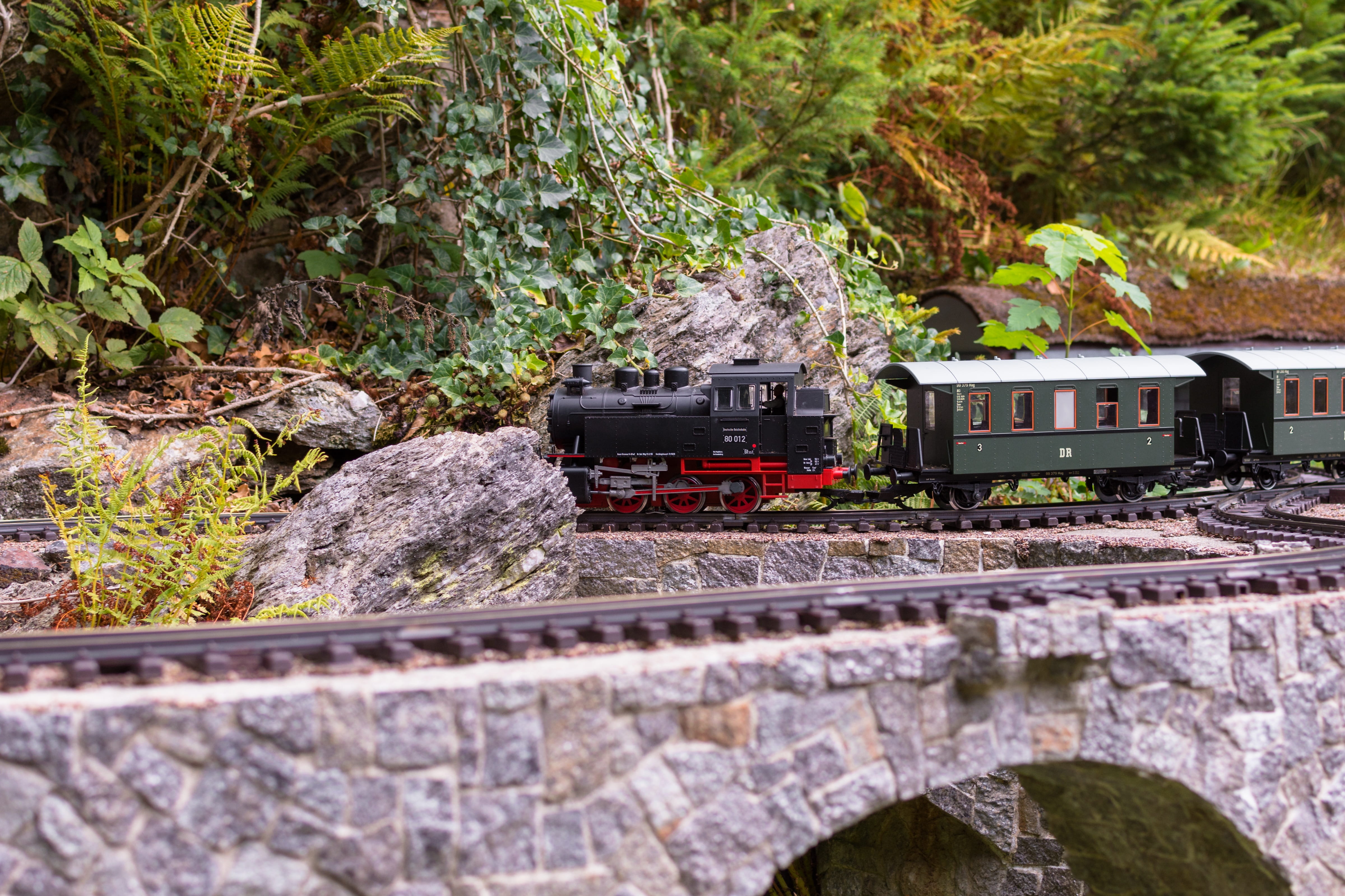 branches, rails, tree, miniature, ruined, public transportation, land, solid, natural stones, railway bridge, metal, track, wagon, small, traffic, railroad track, HD Wallpaper