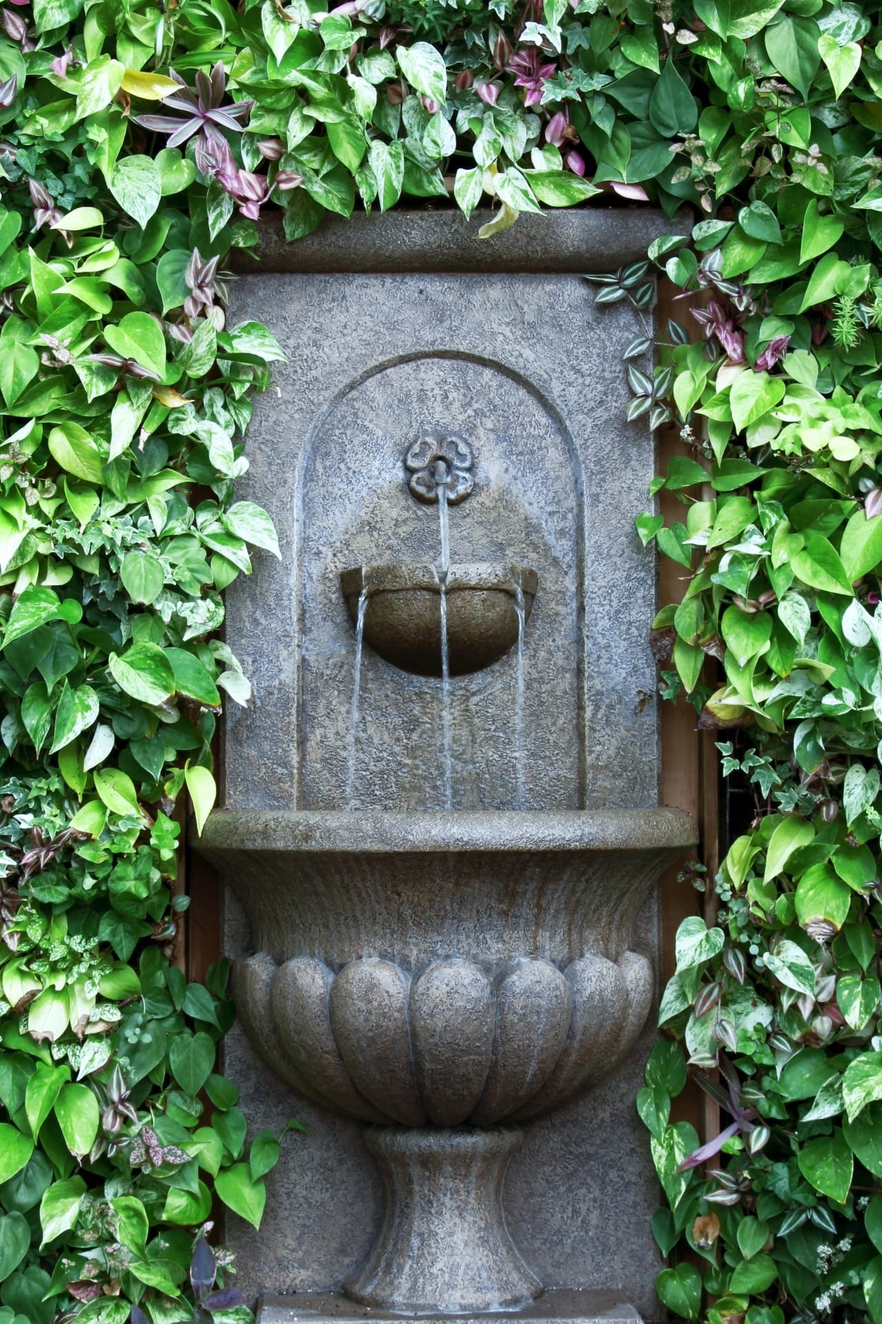 calm, creeper plant, water flowing, art and craft, no people, refreshing, water, fountain, beauty in nature, wall, stone material, green, built structure, Phone HD Wallpaper