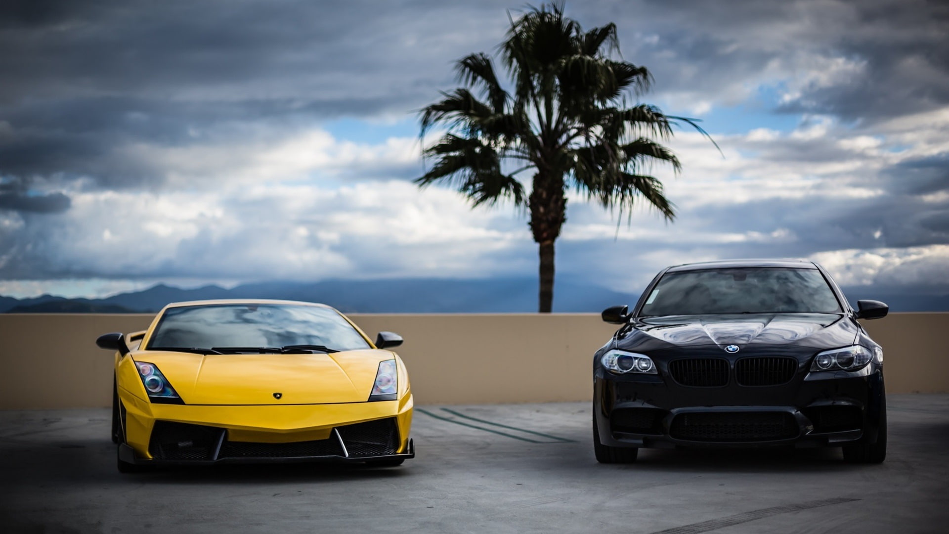Cars, BMW, 1080P, Black, Lamborghini, Front, View, Yellow, HD Wallpaper