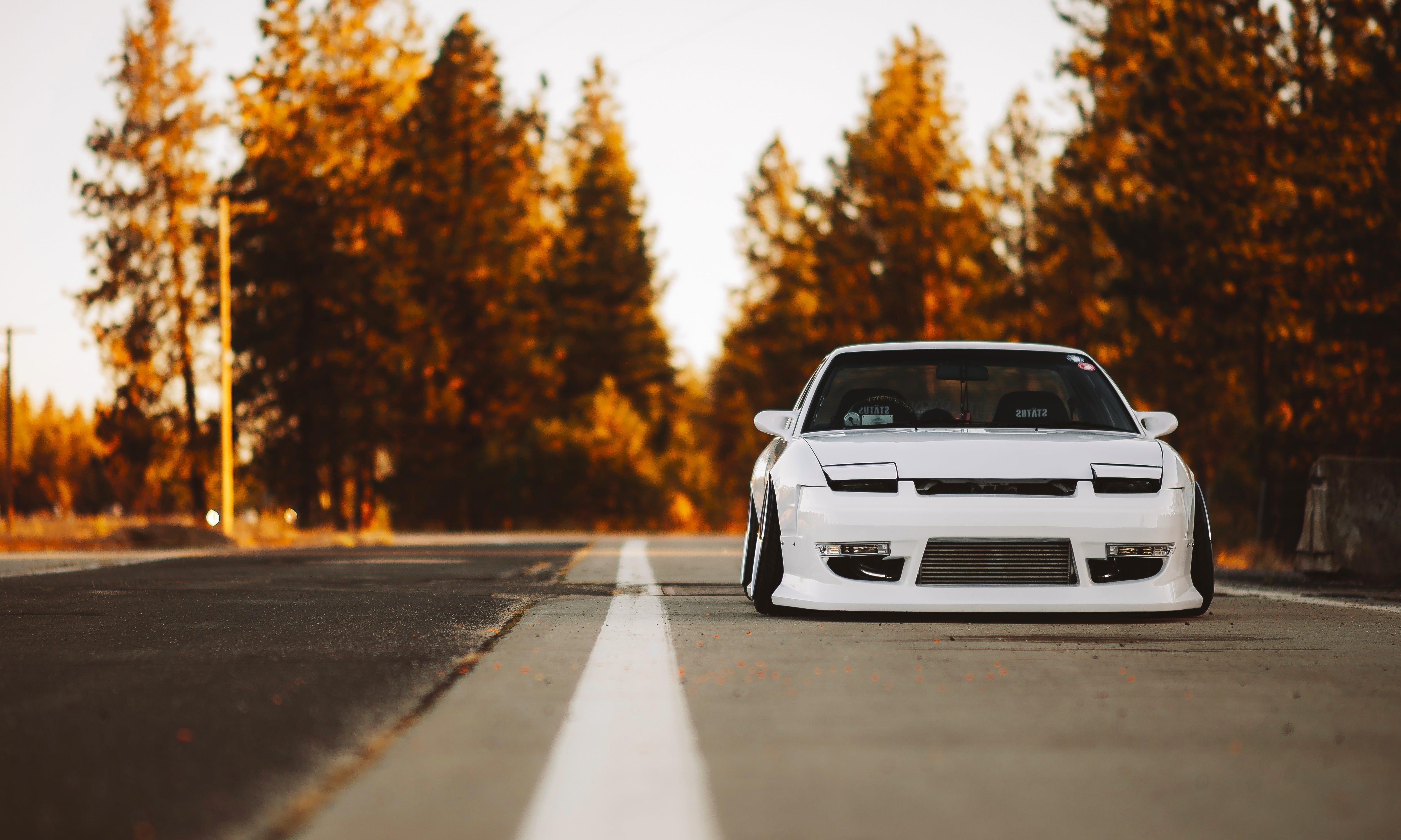 direction, outdoors, Low, orange color, street, Car, motor vehicle, white, day, tree, road, astina, sky, the way forward, Stance, mazda, 4K, Nature, Yellow, HD Wallpaper