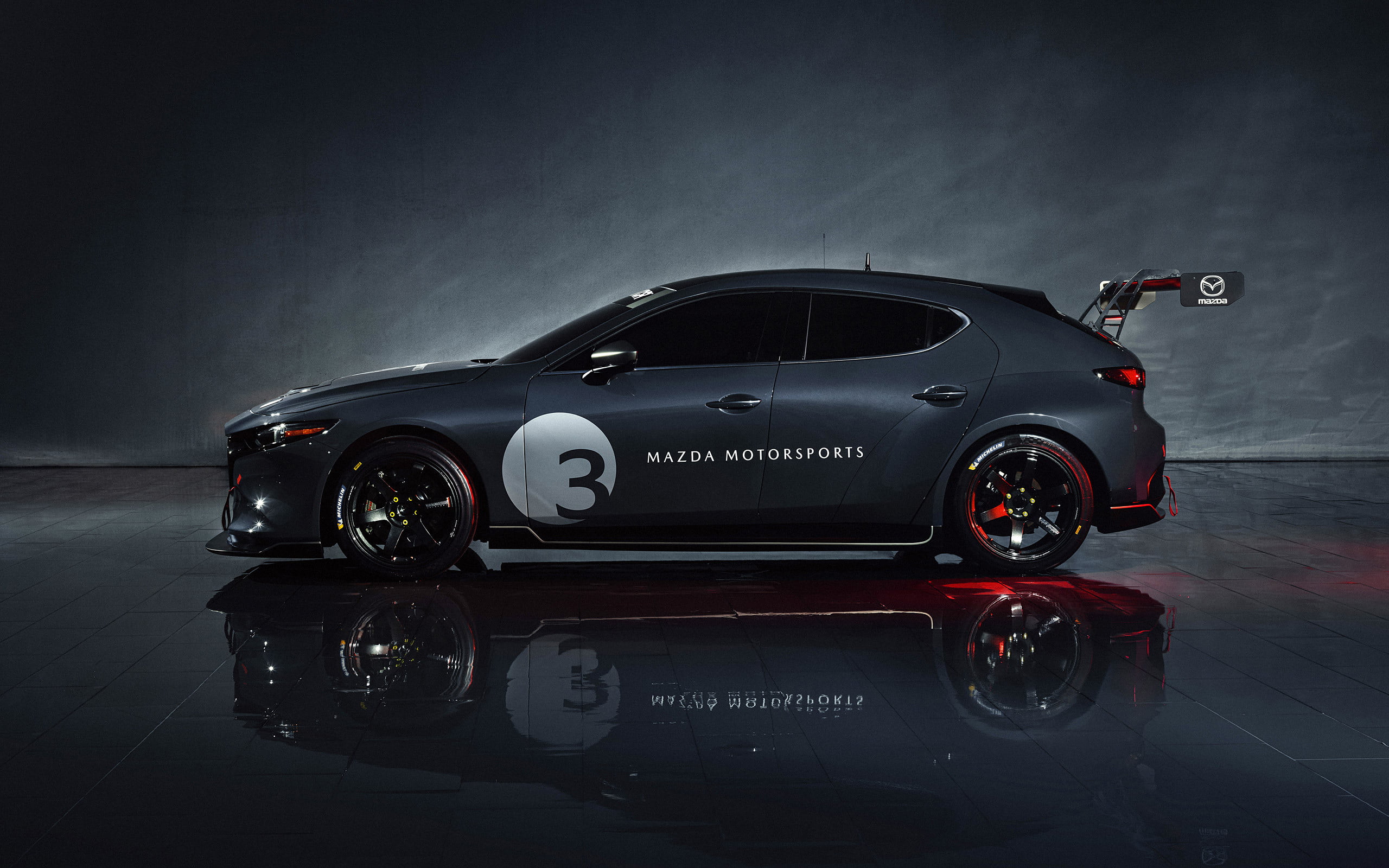 2020 Mazda 3 TCR, reflection, vehicle, Mazda 3, car, dark background, 2K, side view, HD Wallpaper