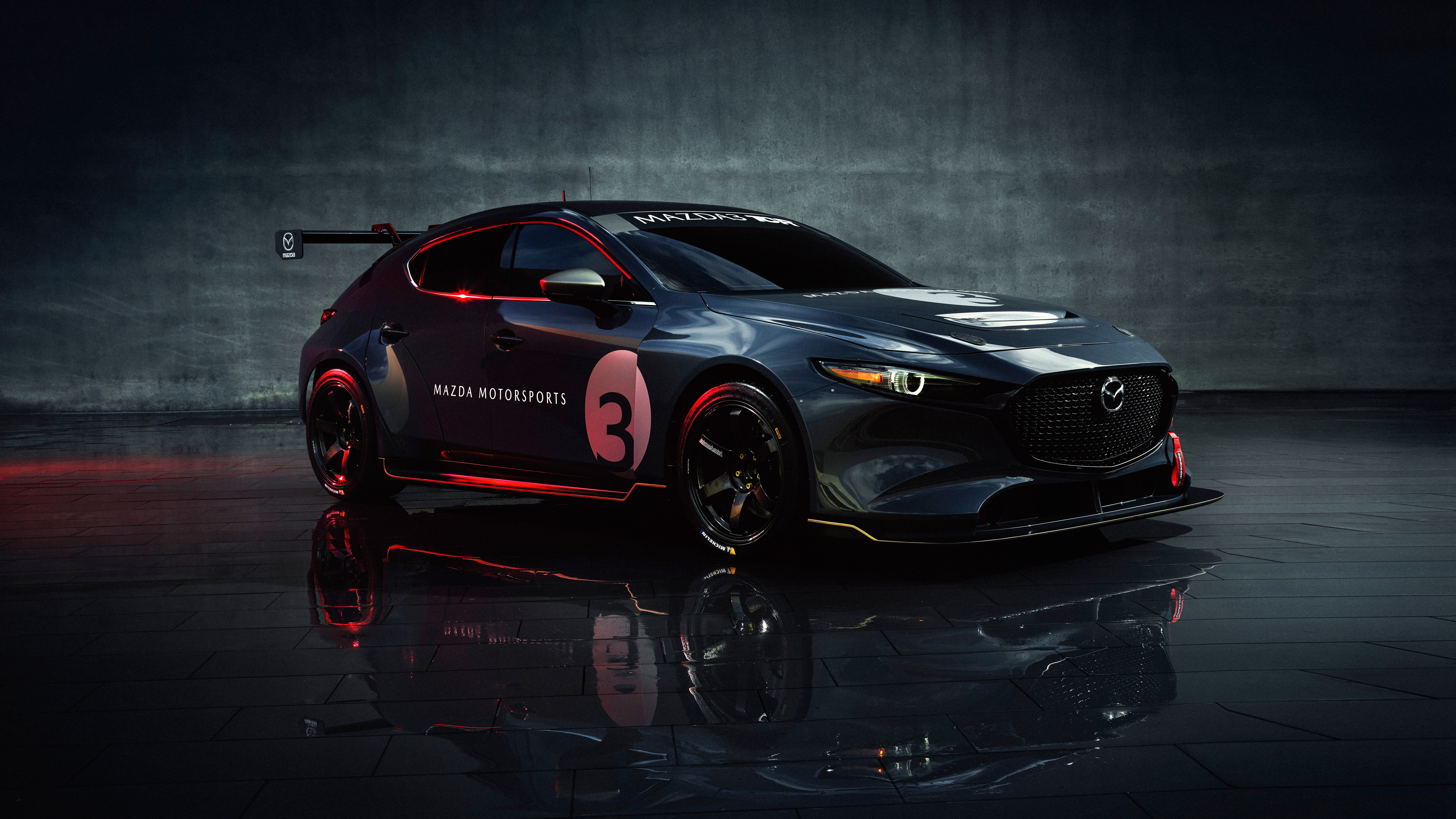 8K, vehicle, reflection, black cars, Mazda3 TCR 2019, Mazda 3, HD Wallpaper