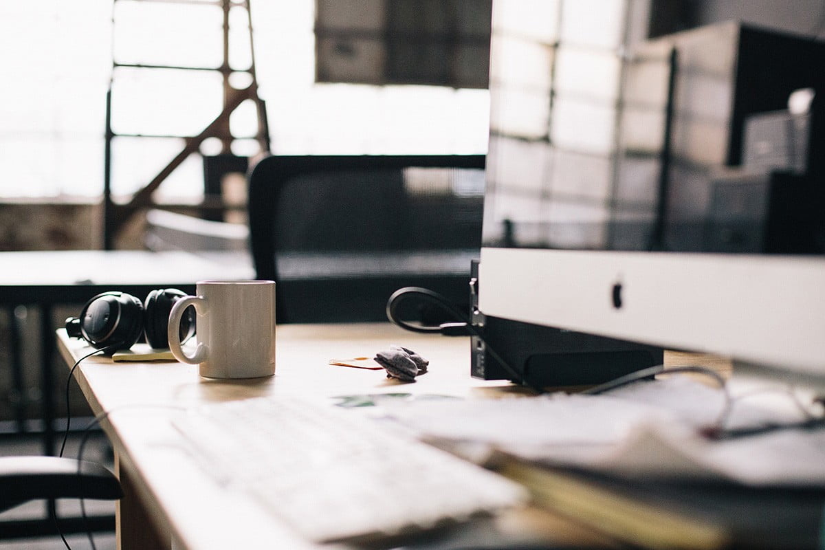 cup, no people, imac, 480P, office, table, close-up, selective focus, paper, technology, furniture, ceramic, absence, window, mug, business, seat, still life, HD Wallpaper
