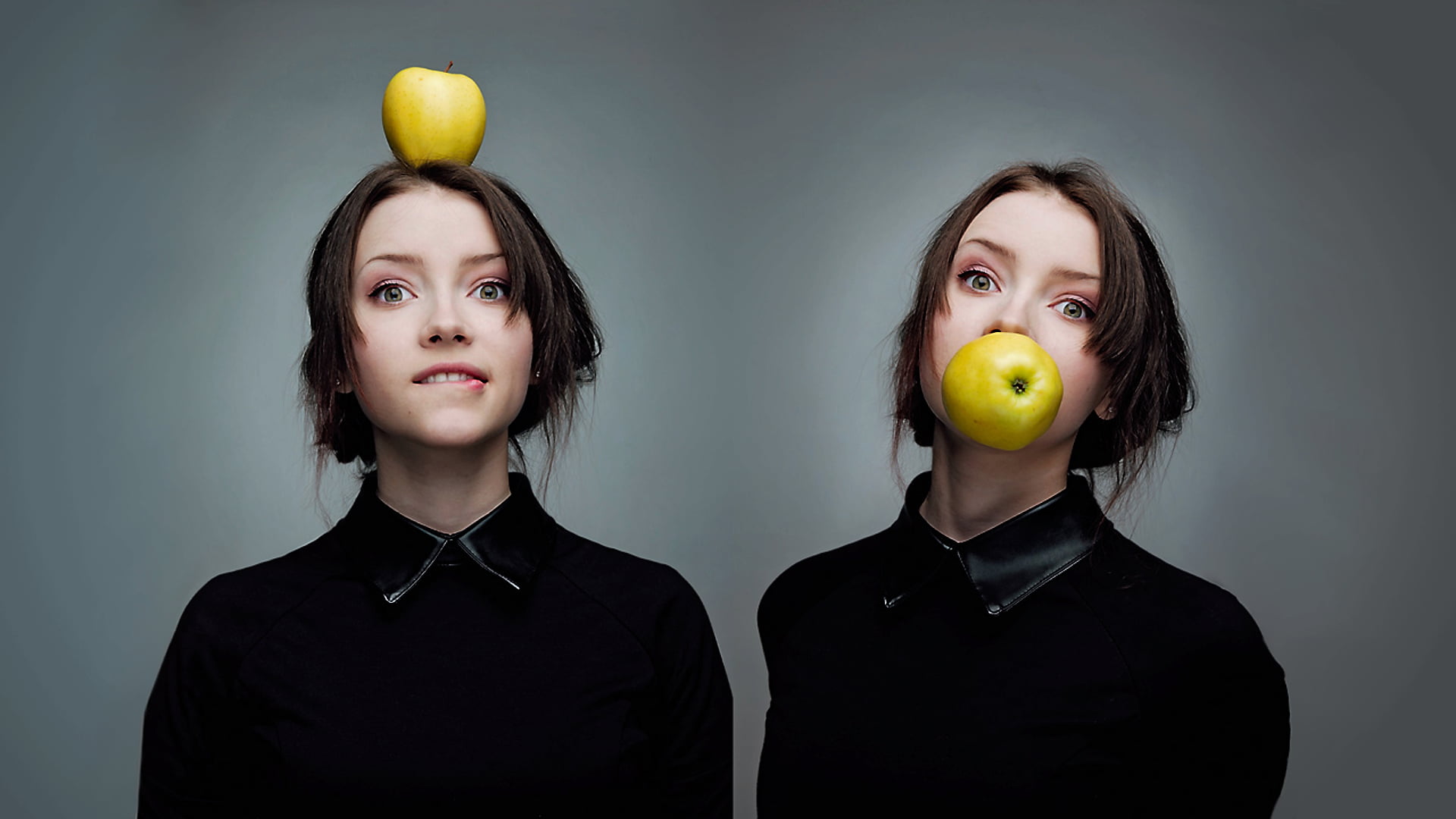 food and drink, fun, apple, Maria Menshikova, gray, fruit, apples, gray background, front view, headshot, wellbeing, women, short hair, portrait, brown hair, HD Wallpaper