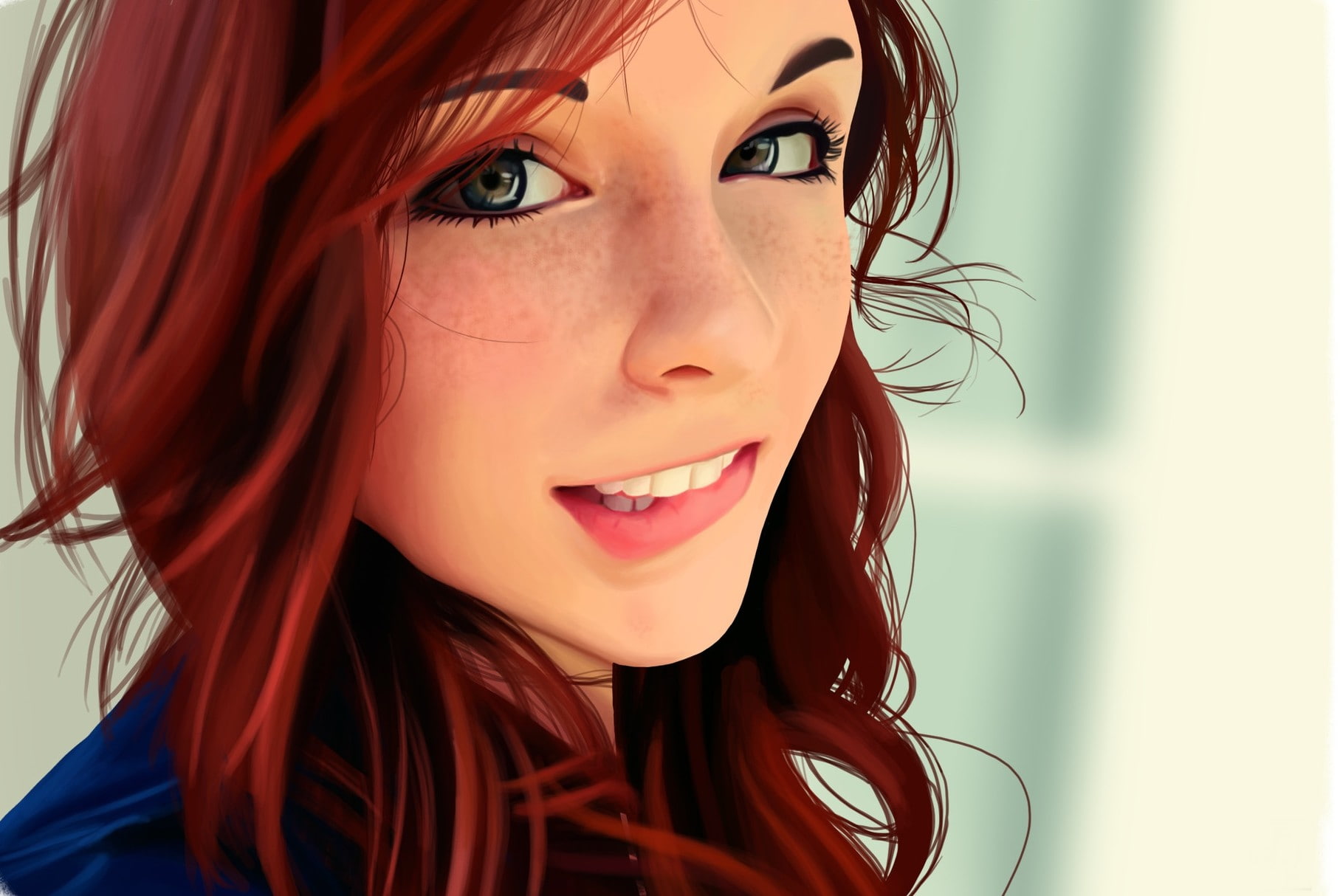 women biting lip artwork, hair, 720P, make-up, smiling, lifestyles, women, human face, beautiful woman, young adult, young women, hairstyle, close-up, HD Wallpaper