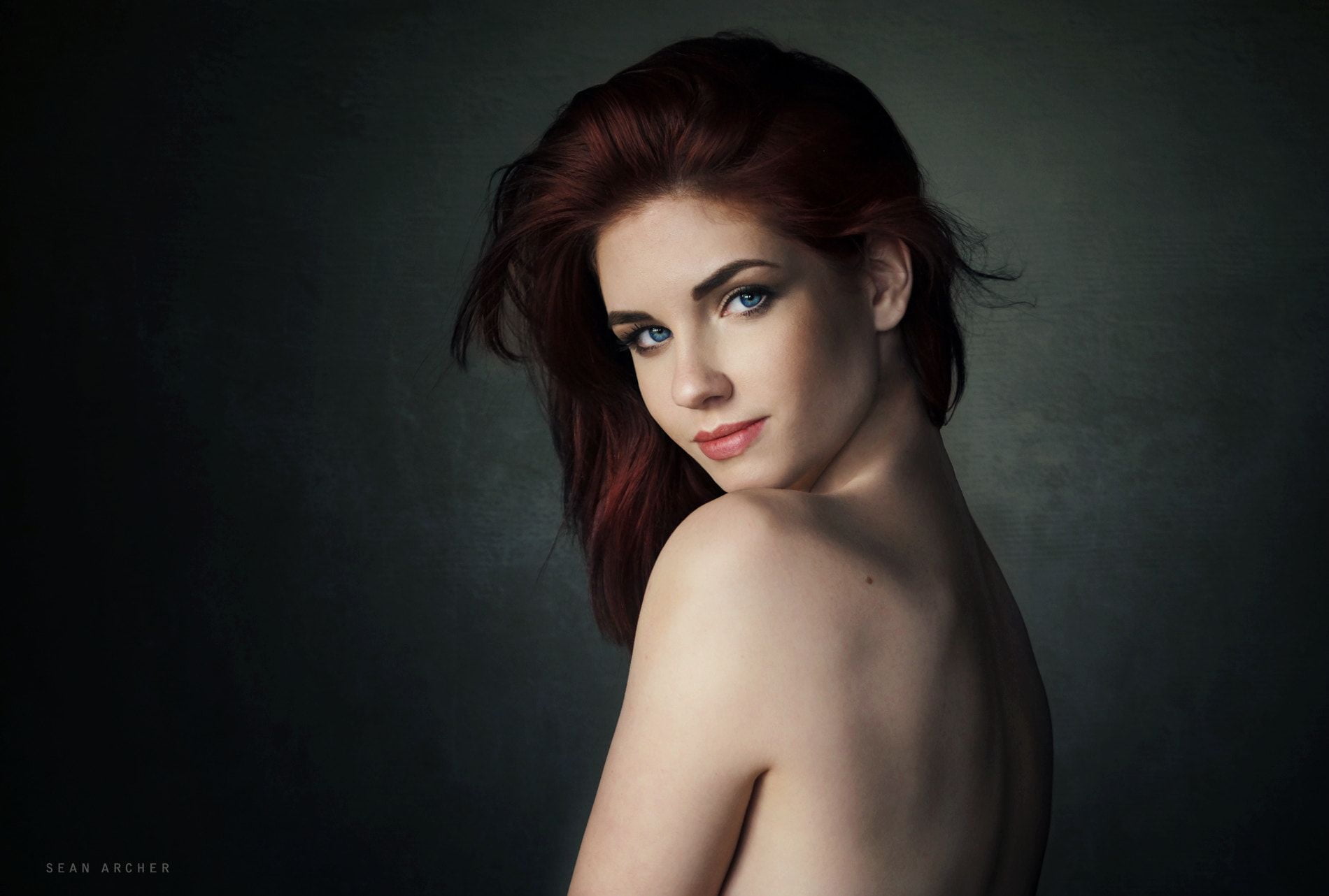 portrait, blue eyes, beautiful woman, adult, shirtless, beauty, looking at camera, hairstyle, contemplation, indoors, 720P, fashion, dyed red hair, Sean Archer, HD Wallpaper