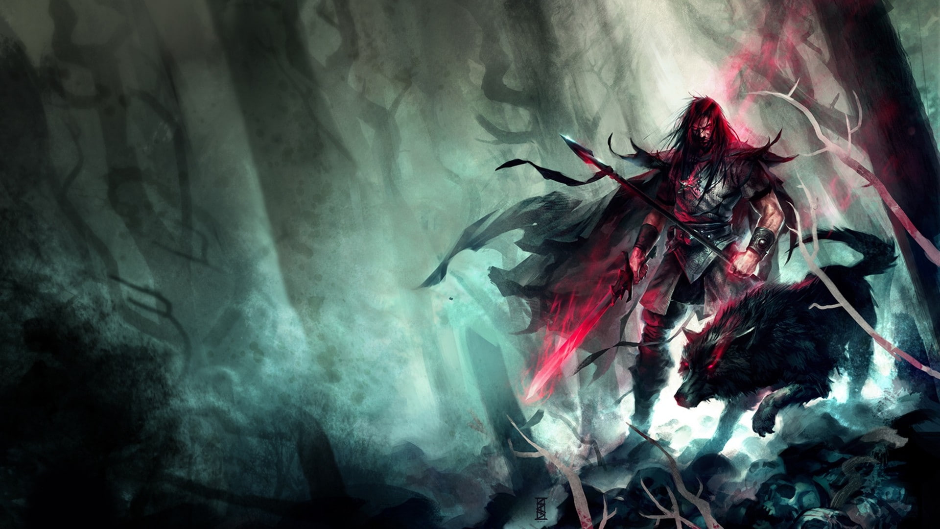 forest, 1080P, hd, warriors, forests, spears, artwork, dark, x, running, wolves, art, swords, nature, wolf, HD Wallpaper