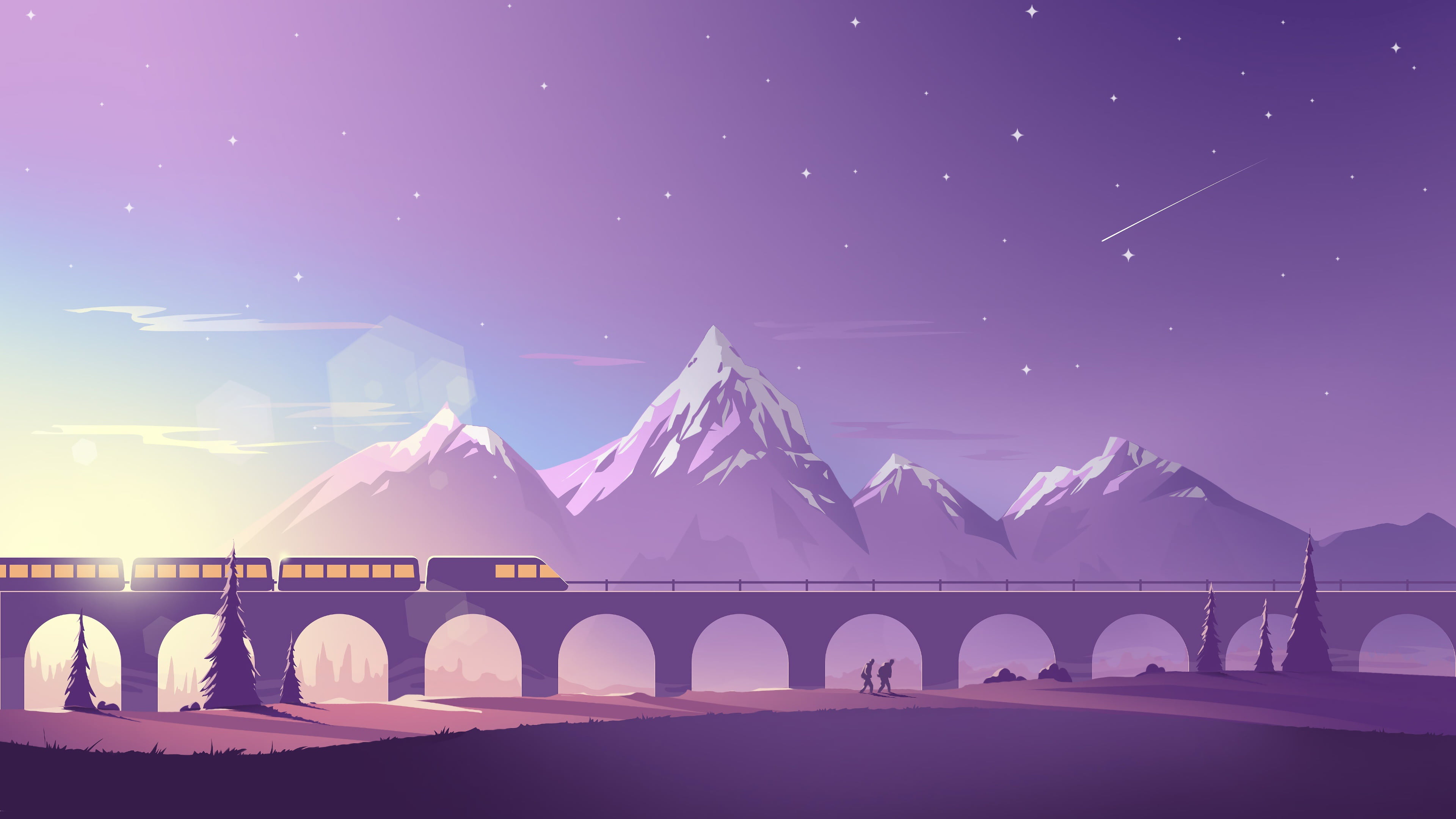 Mountain, Stars, Landscape, Transport, Mountains, Viaduct, Minimalism, Blik, 4K, Train, People, HD Wallpaper