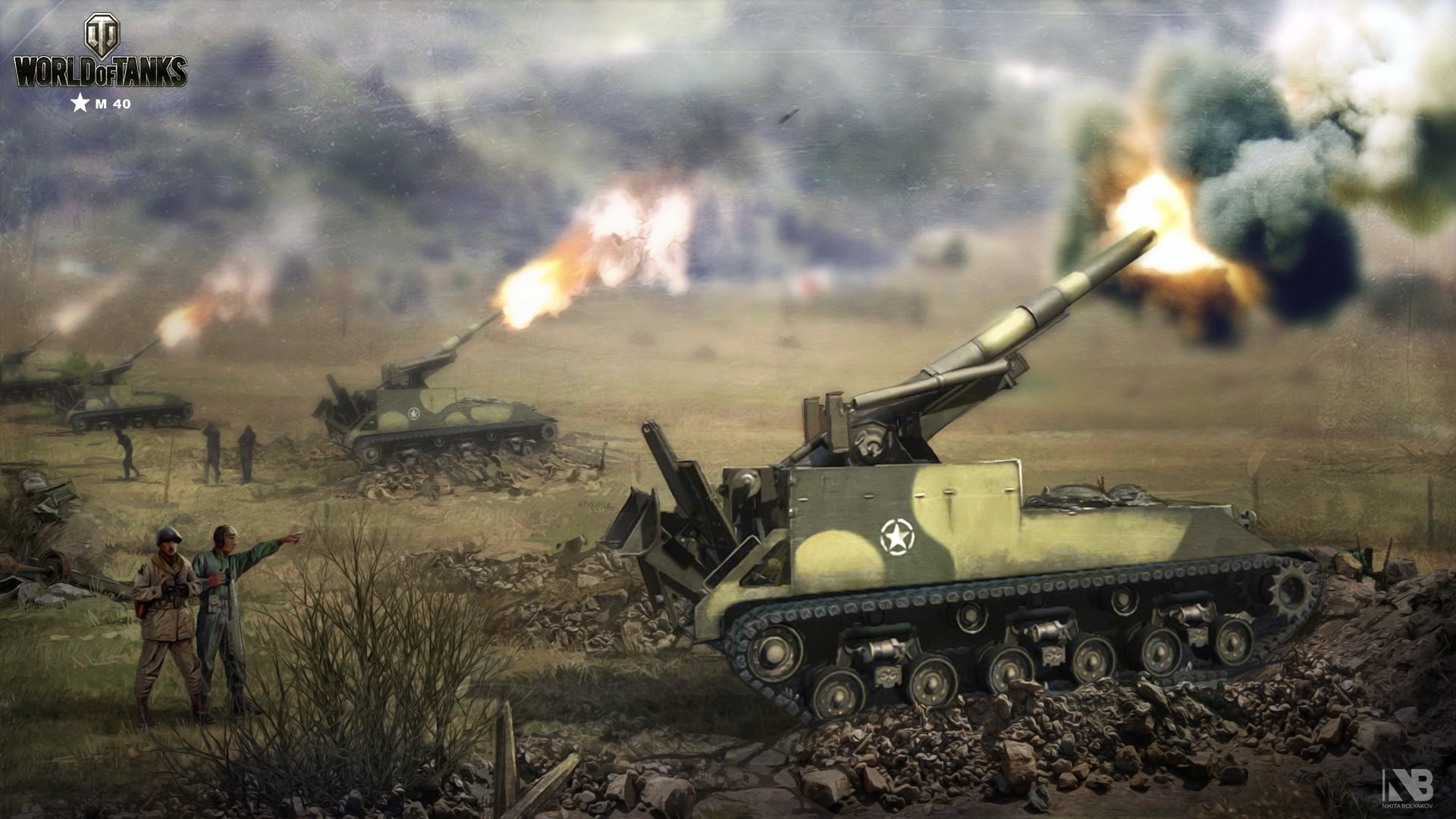 art, World of Tanks, Nikita Bolyakov, artillery, shots, USA, 1080P, installation, figure, SAU, M40, gunfire, Self-propelled, HD Wallpaper