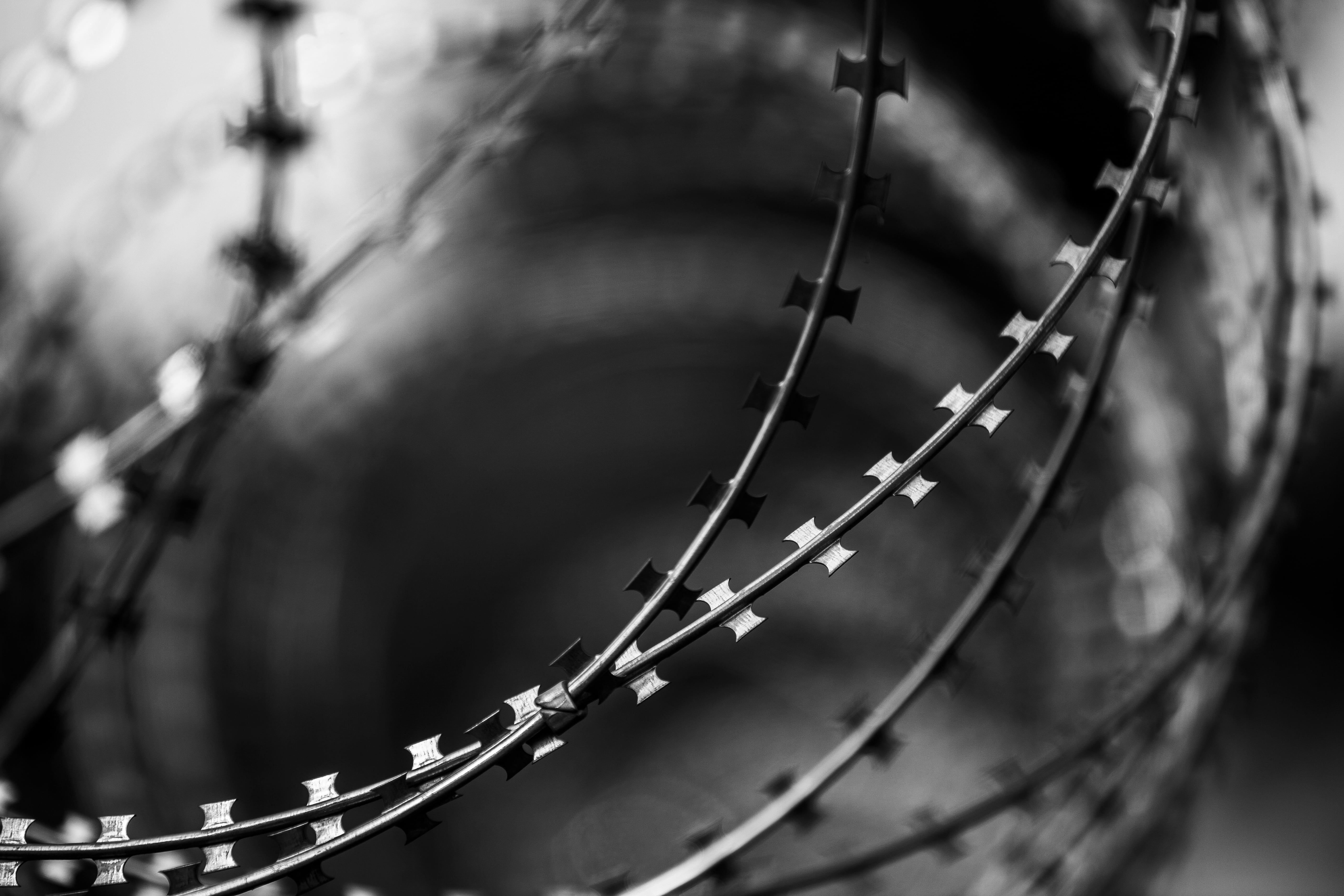fence, outdoor, grayscale, abstract, background, barricade, photography, day, razor, emotion, detail shots, connection, daniel, 5K, metal, outdoors, separation, HD Wallpaper