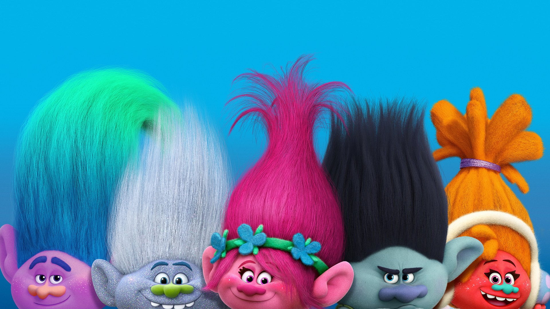 Trolls, celebration, human representation, 1080P, blue background, representation, colored background, studio shot, toy, multi colored, indoors, close-up, HD Wallpaper