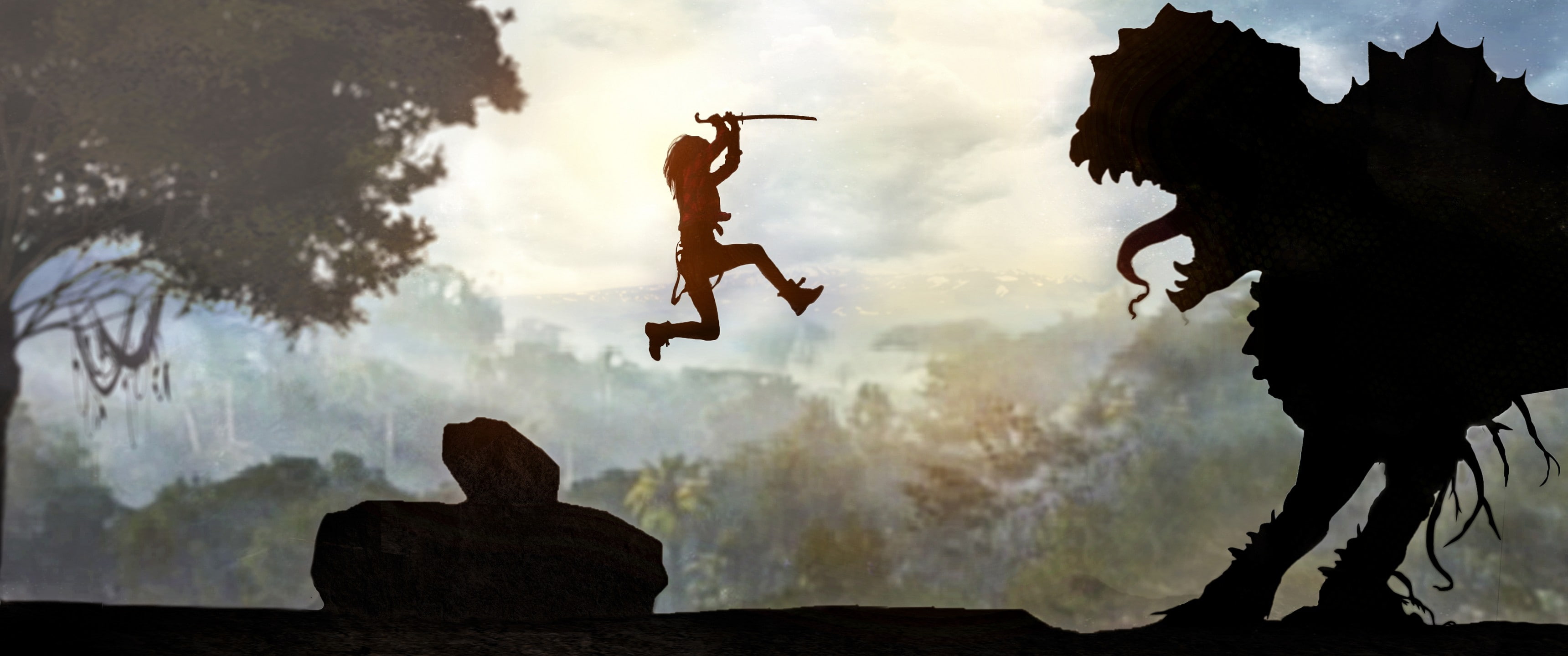 warrior, art, silhouette, fantasy art, fantasy, monster, 2K, HD Wallpaper