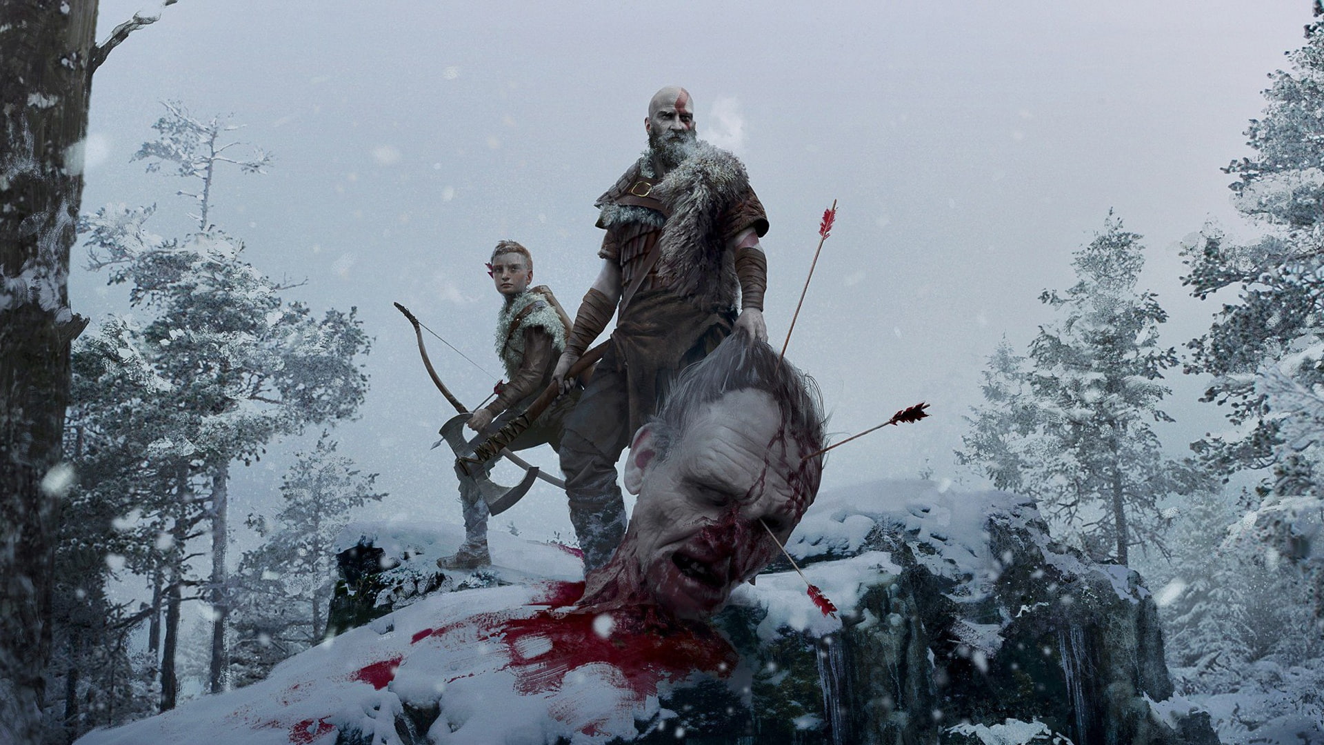 Atreus, giant, snow, 1080P, God of War, Atrey, head, arrows, trees, axe, weapon, Kratos, blood, weapons, bow, HD Wallpaper