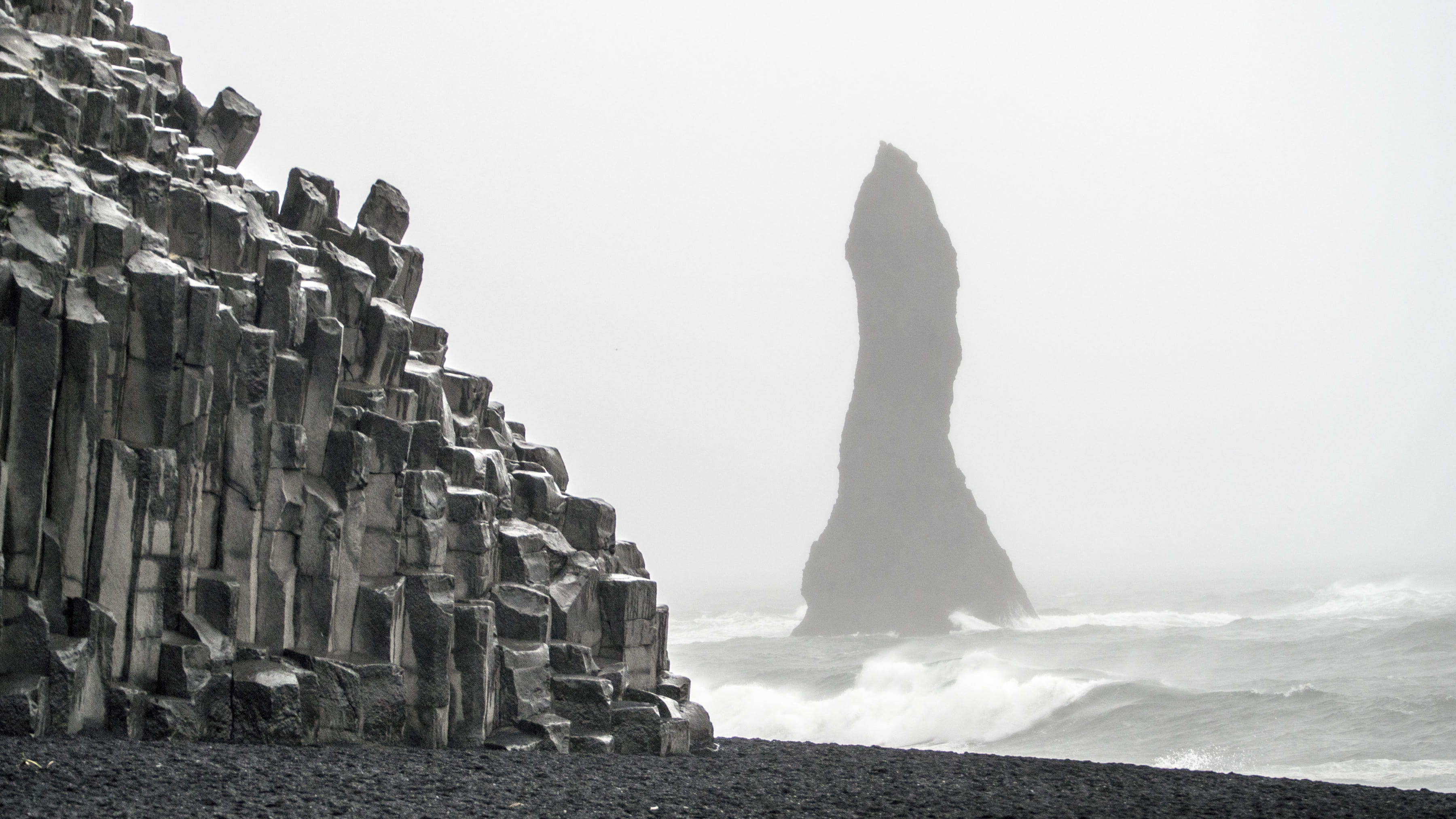 basalt, ancient civilization, vikings, history, breaking, sky, cold, wave, water, ruined, architecture, nature, outdoors, vik, solid, 2K, rock formation, HD Wallpaper