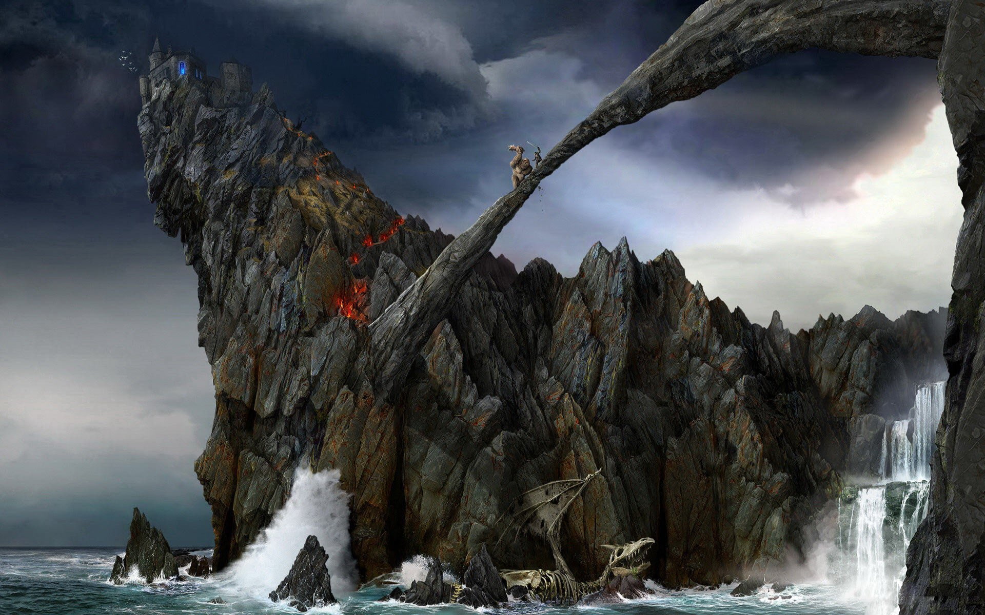 skeleton, monster, sea, waterfall, bridge, 1080P, rock, troll, warrior, castle, dragon, HD Wallpaper