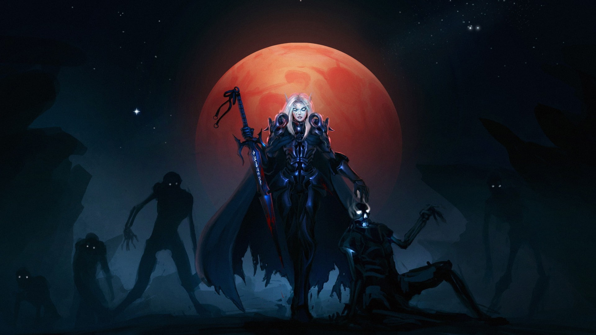 nature, silhouette, digital composite, group of people, people, outdoors, undead, sky, night, 1080P, Blood Elf, water, art and craft, illuminated, Moon, HD Wallpaper