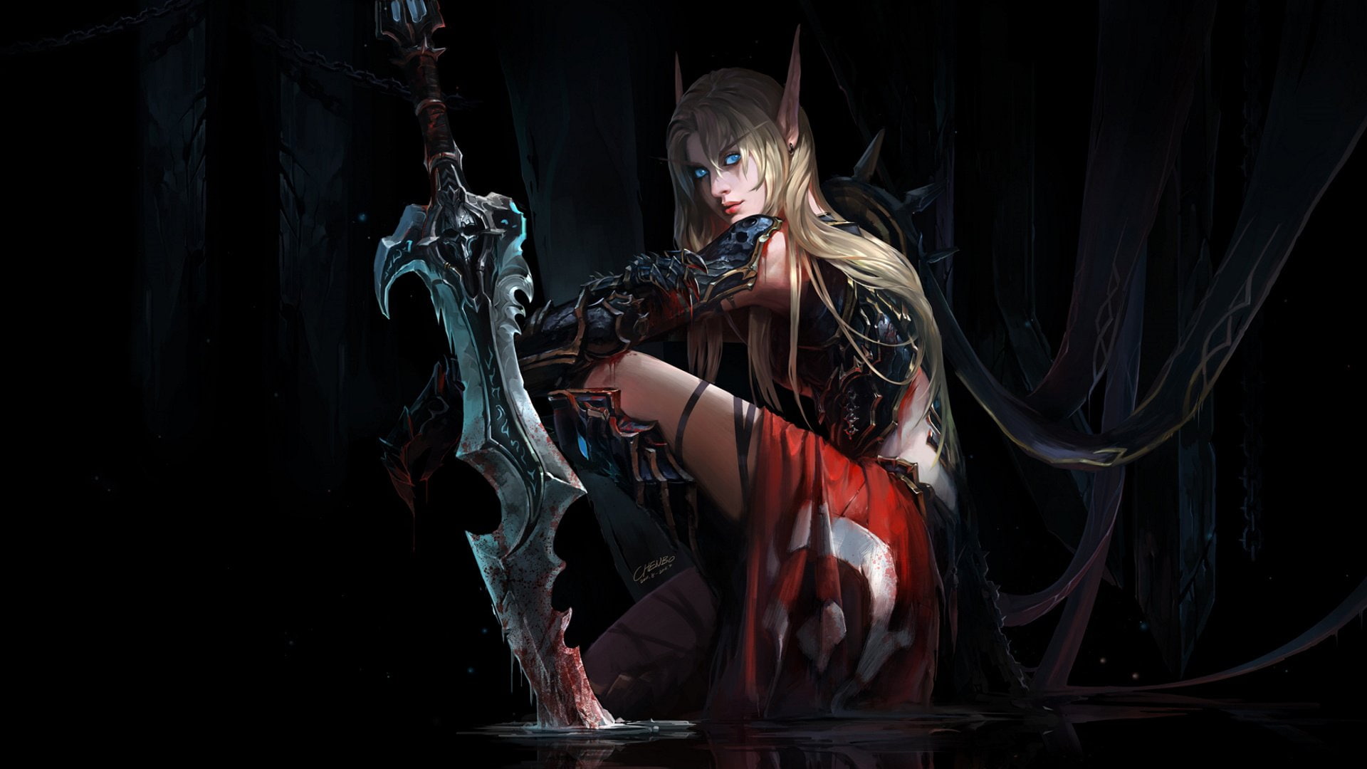 Endless, blood, sword, warcraft, fantasy, Blonde, Eternal, knight, hair, 1080P, elf, Dark, blue, drawing, art, darkness, death, girl, eyes, the, blizzard, HD Wallpaper