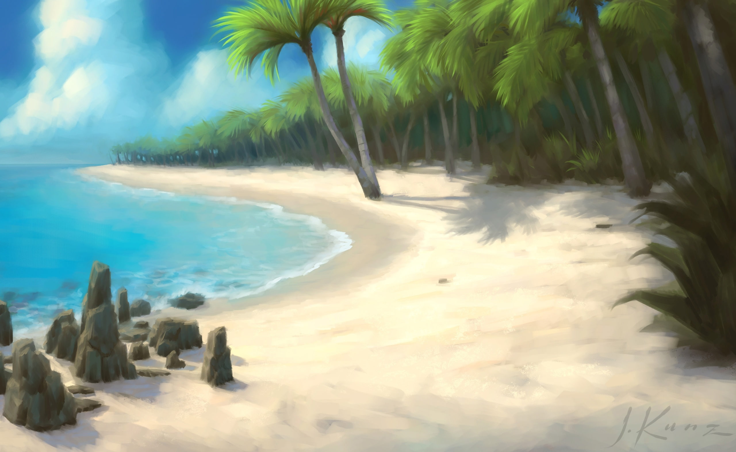 nature, palm, no people, tropical climate, green, sea, beauty in nature, land, plant, artwork, 2K, power in nature, tranquil scene, wow cataclysm, outdoors, HD Wallpaper