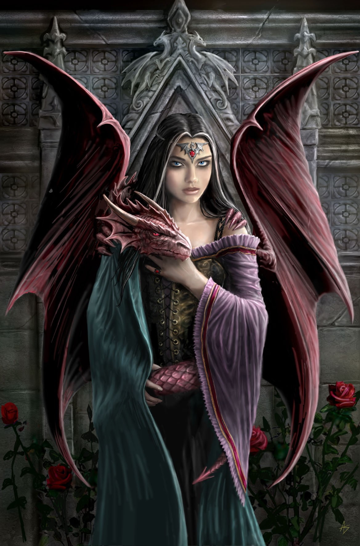 Anne Stokes, fantasy art, dragon, 720P, Gothic, women, wings, fantasy girl, digital art, portrait display, blue eyes, rose, Phone HD Wallpaper