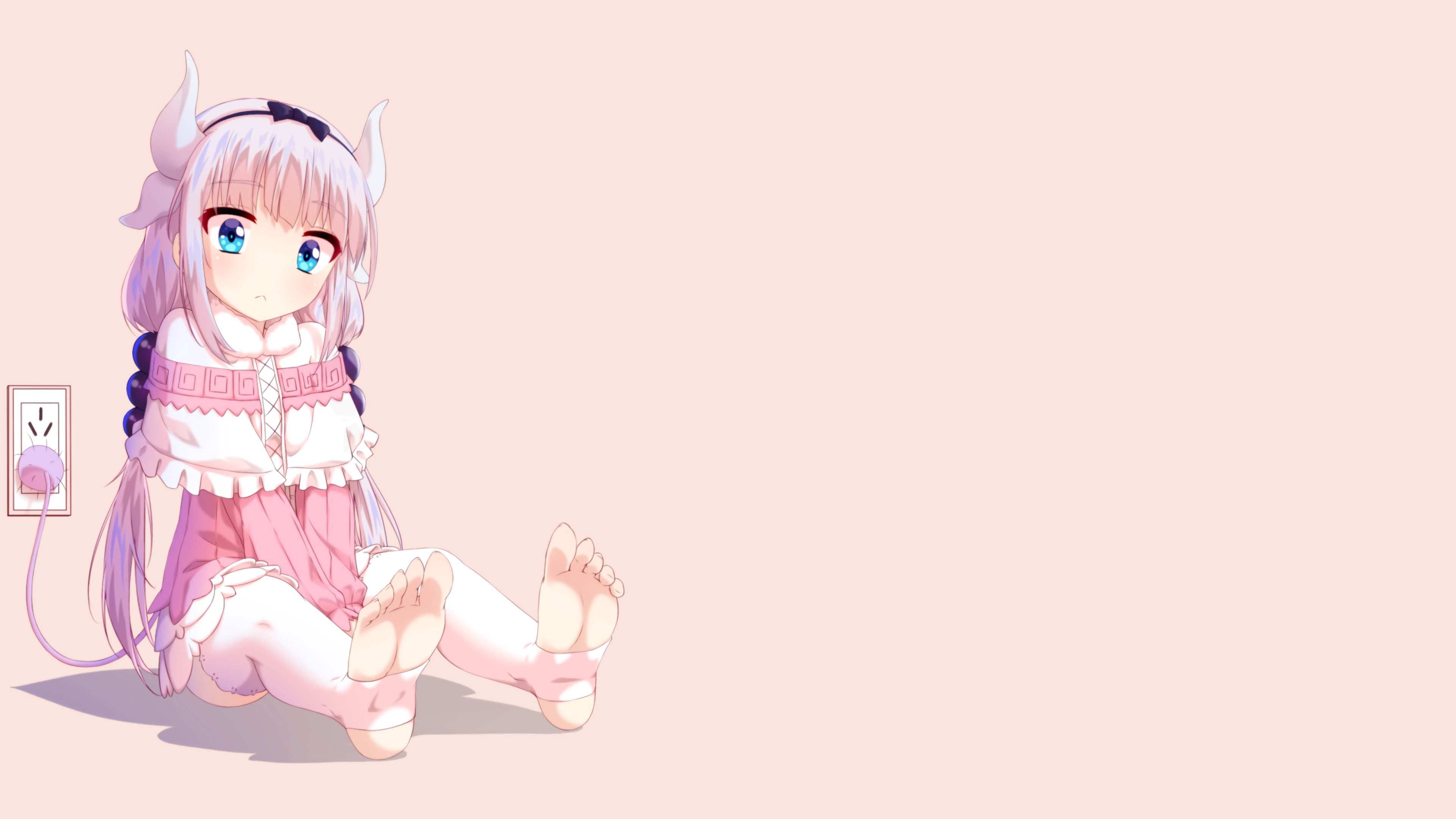 toy, looking at viewer, clothing, colored background, childhood, pink color, copy space, simple background, mammal, representation, indoors, 4K, Kanna Kamui (Kobayashi-san Chi no Maid Dragon), HD Wallpaper
