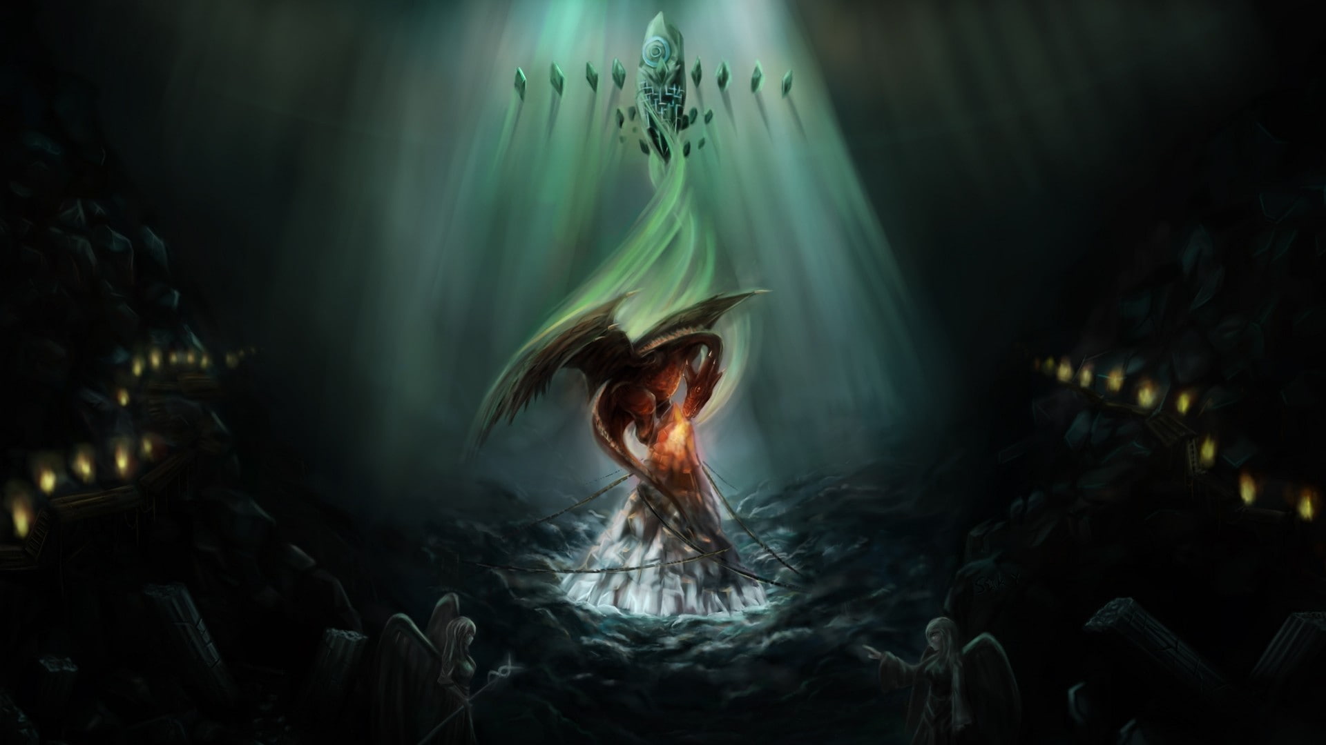 1080P, fire, fantasy art, dark, stones, dragon, wings, angel, digital art, HD Wallpaper