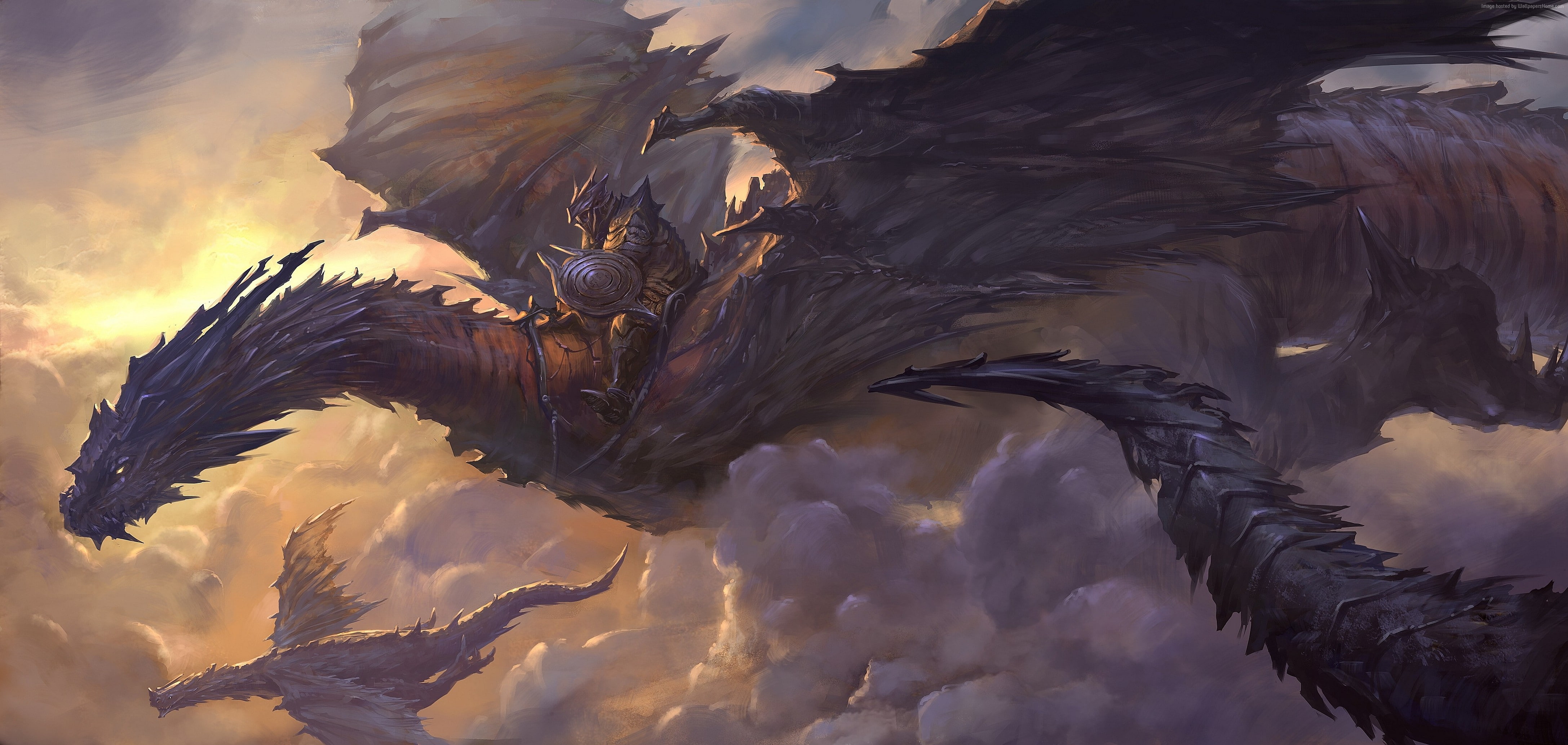 art, rider, armor, 4K, black, sky, fantasy, clouds, wings, Dragon, HD Wallpaper