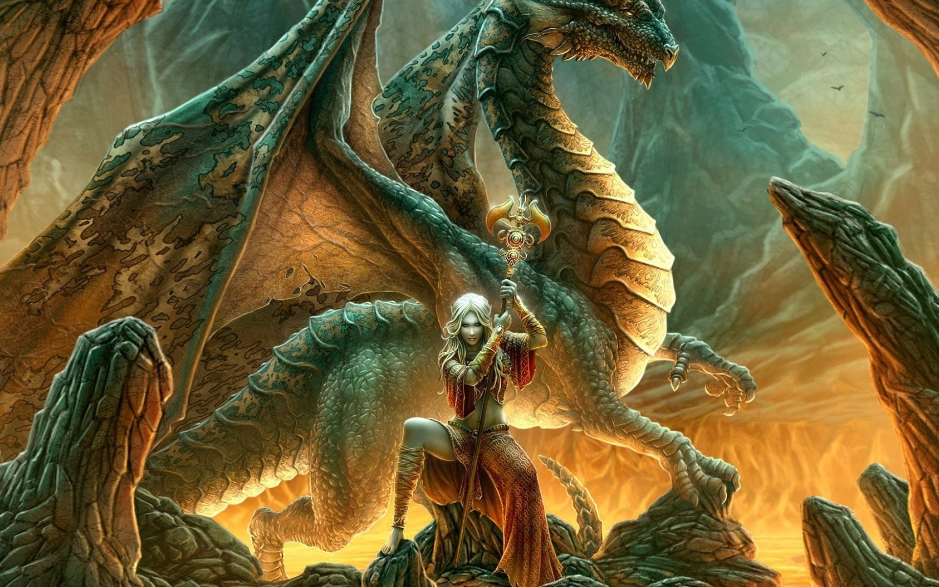 1080P, Staff, Girl, Fantasy, Woman, Dragon, Cave, Wings, Elf, HD Wallpaper