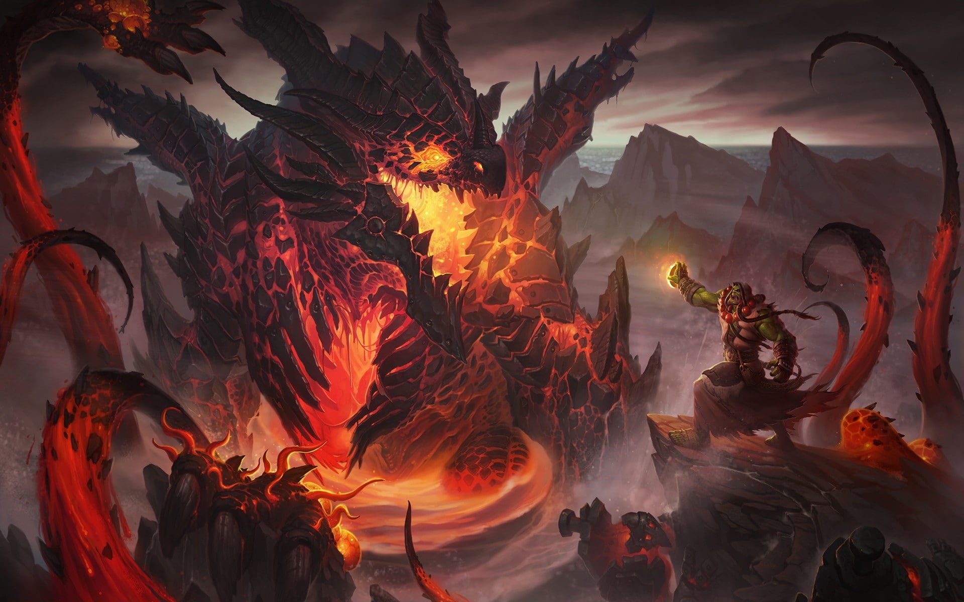 warcraft, dragons, video, fantasy, art, world, orc, world of warcraft, deathwing, games, hd, 1080P, artwork, x, HD Wallpaper