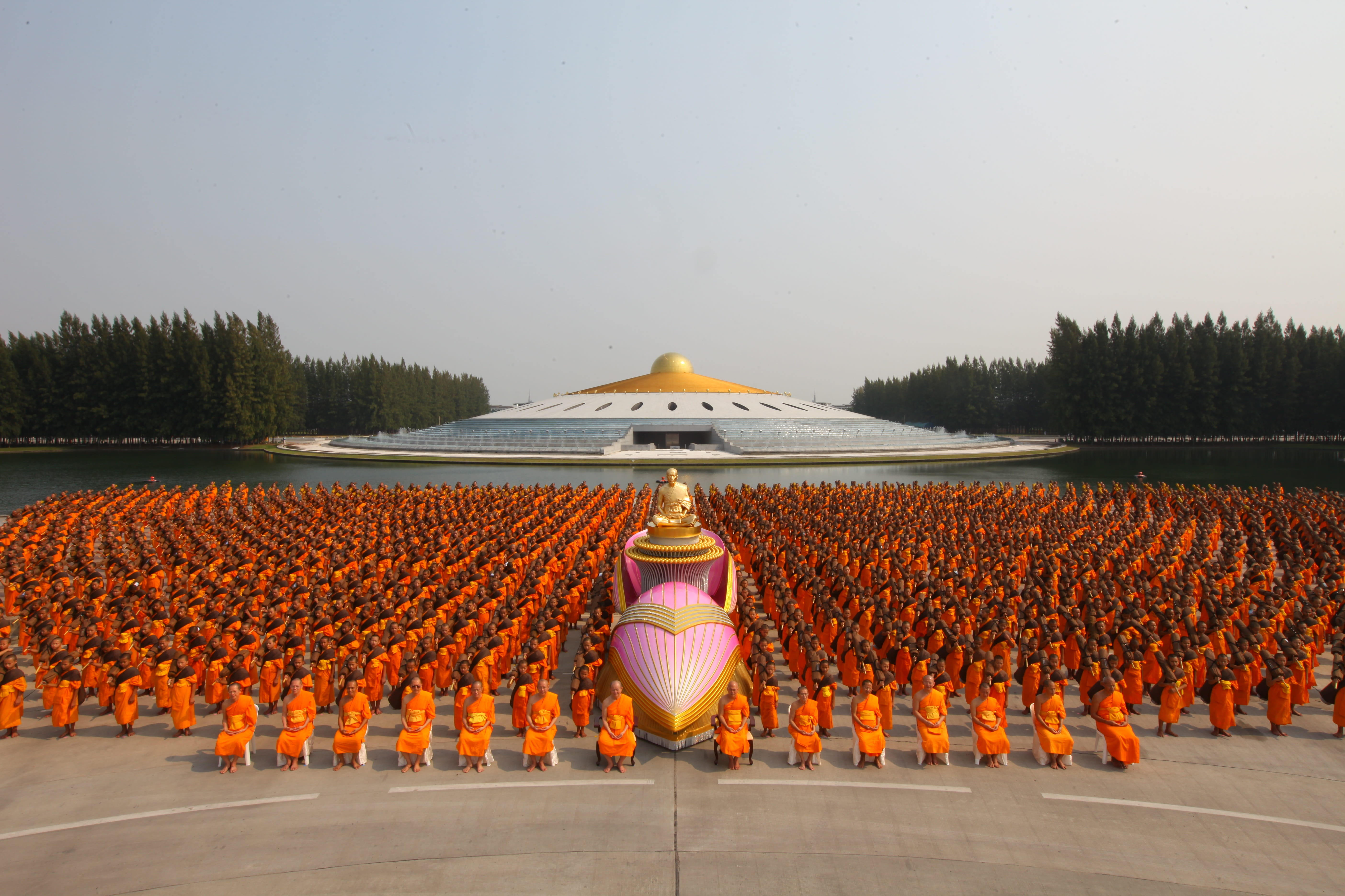 convention, spirituality, thai, day, Orange, praying, rear view, robes, protection, gold, no people, plant, nature, in a row, dhammakaya pagoda, people, HD Wallpaper