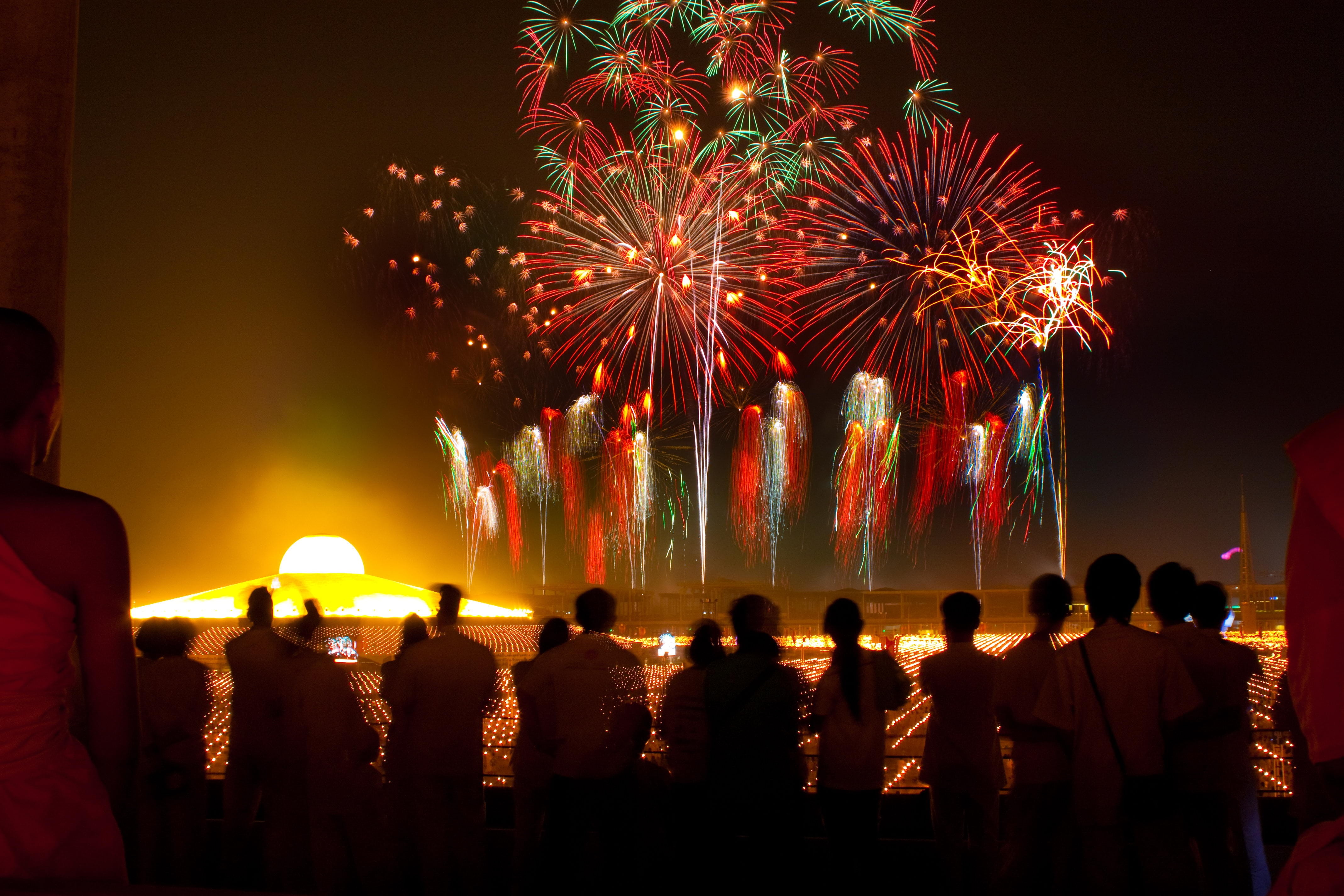 exploding, firework display, sky, night, illuminated, budhas, phra dhammakaya, sparks, dhammakaya movement, dhammakaya pagoda, thai, motion, outdoors, pagoda, HD Wallpaper