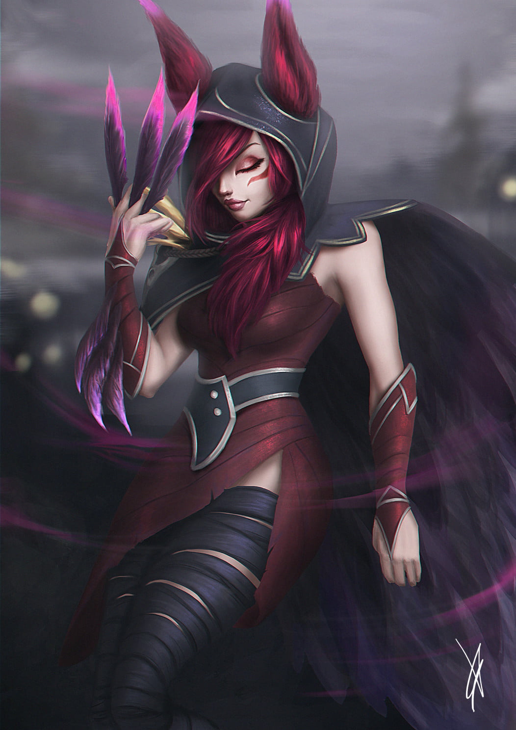 closed eyes, women, redhead, claws, portrait display, fan art, Xayah (League of Legends), artwork, dress, 720P, video game girls, ArtStation, Paulina Bochniak, Phone HD Wallpaper