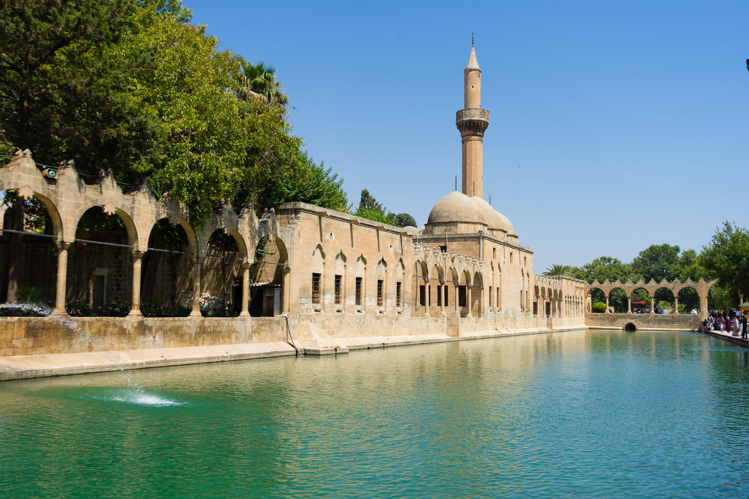 water, outdoors, the past, building exterior, reflection, mosque, abraham, tourism, 2K, building, north turkey, fish, travel destinations, nature, history, HD Wallpaper