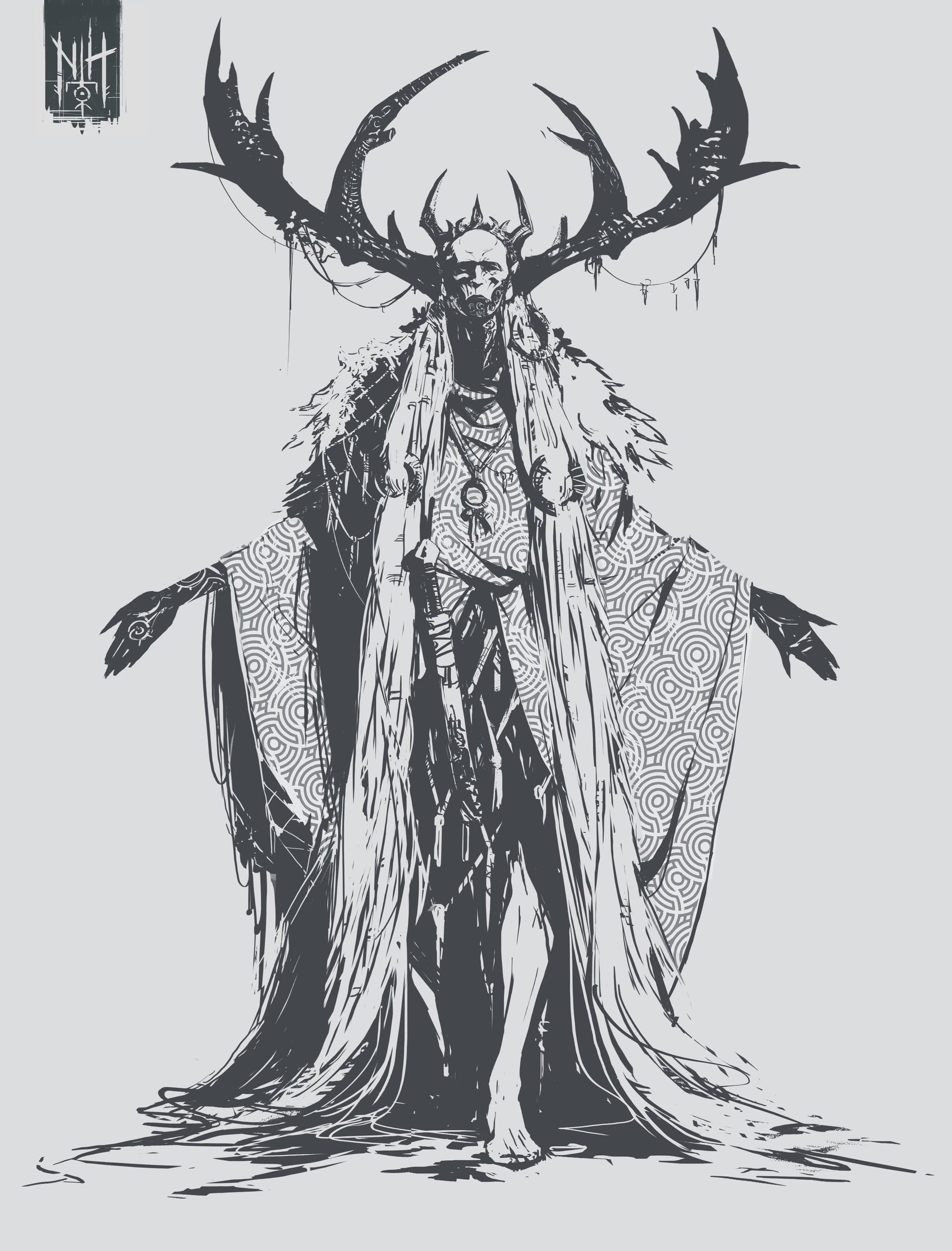 simple background, priest, tattoo, viking, sword, digital, white background, 1080P, Nordic, Valentin Demchenko, antlers, artwork, Phone HD Wallpaper