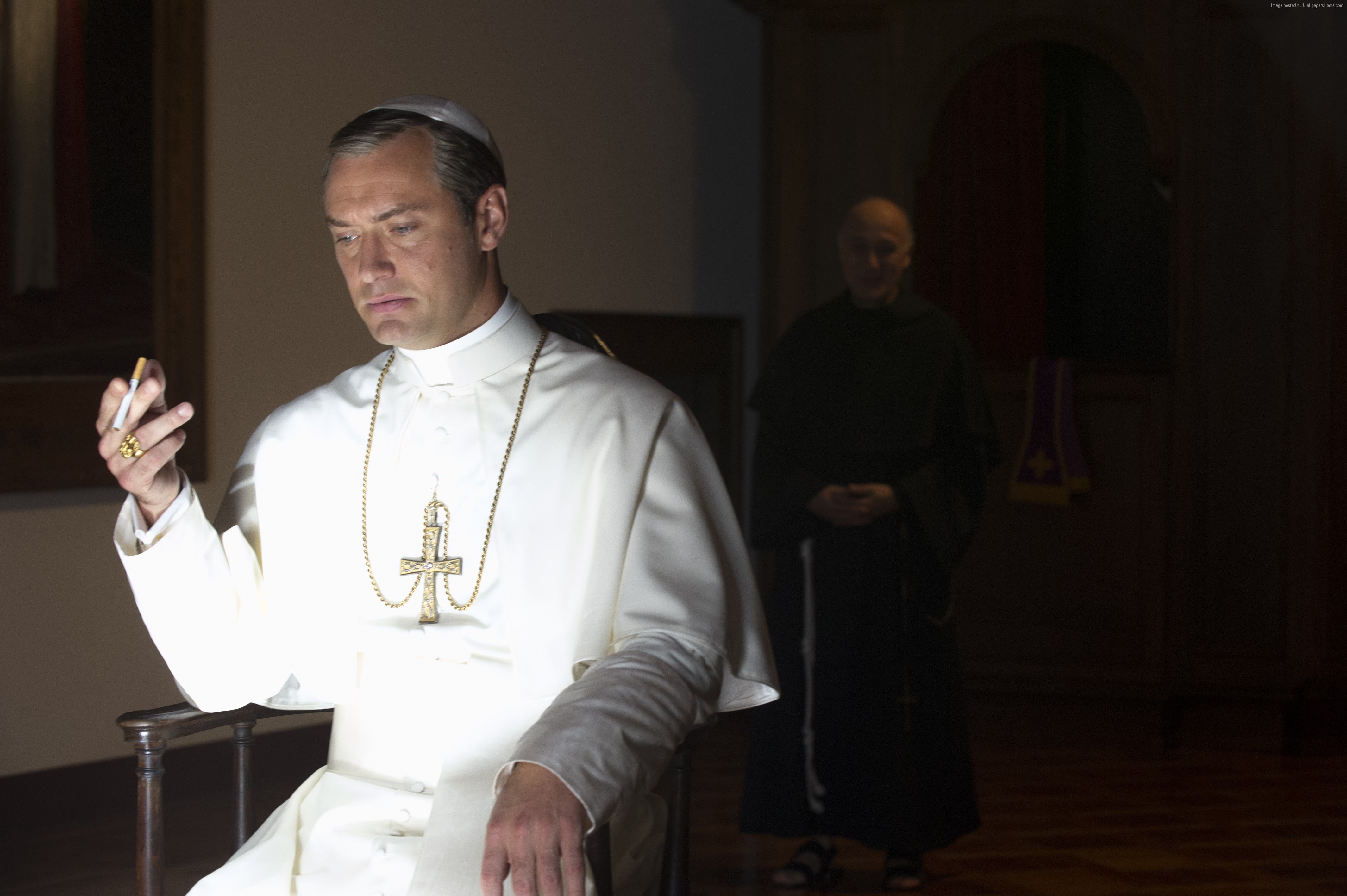 Diane Keaton, front view, lifestyles, 4K, best tv series, men, people, standing, waist up, males, mature adult, religion, sitting, The Young Pope, place of worship, HD Wallpaper