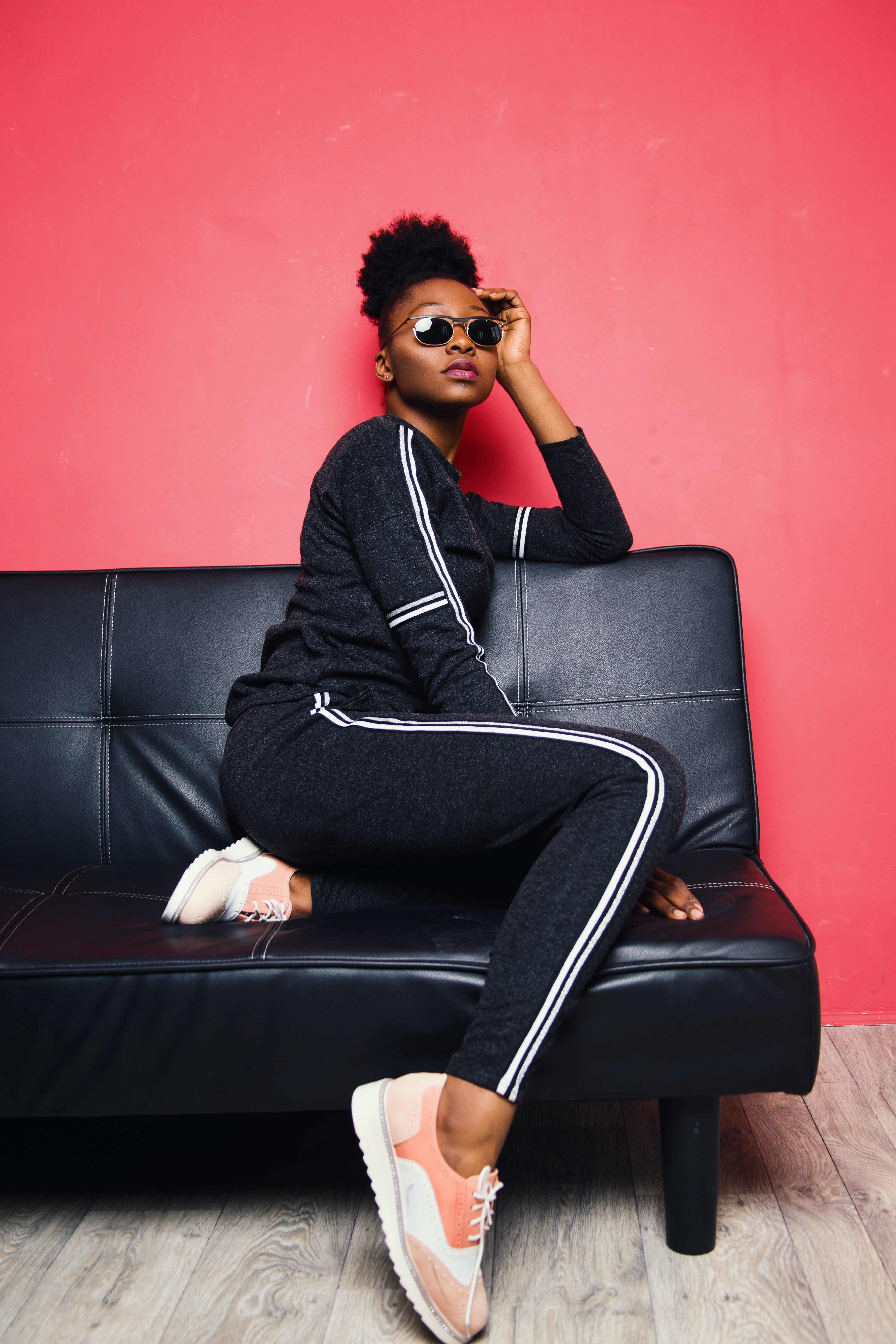 fashion, sitting, black hair, relaxation, women fashion, leather sofa, sunglasses, seat, young, red, young adult, minimalism, person, suit, photoshoot, Phone HD Wallpaper