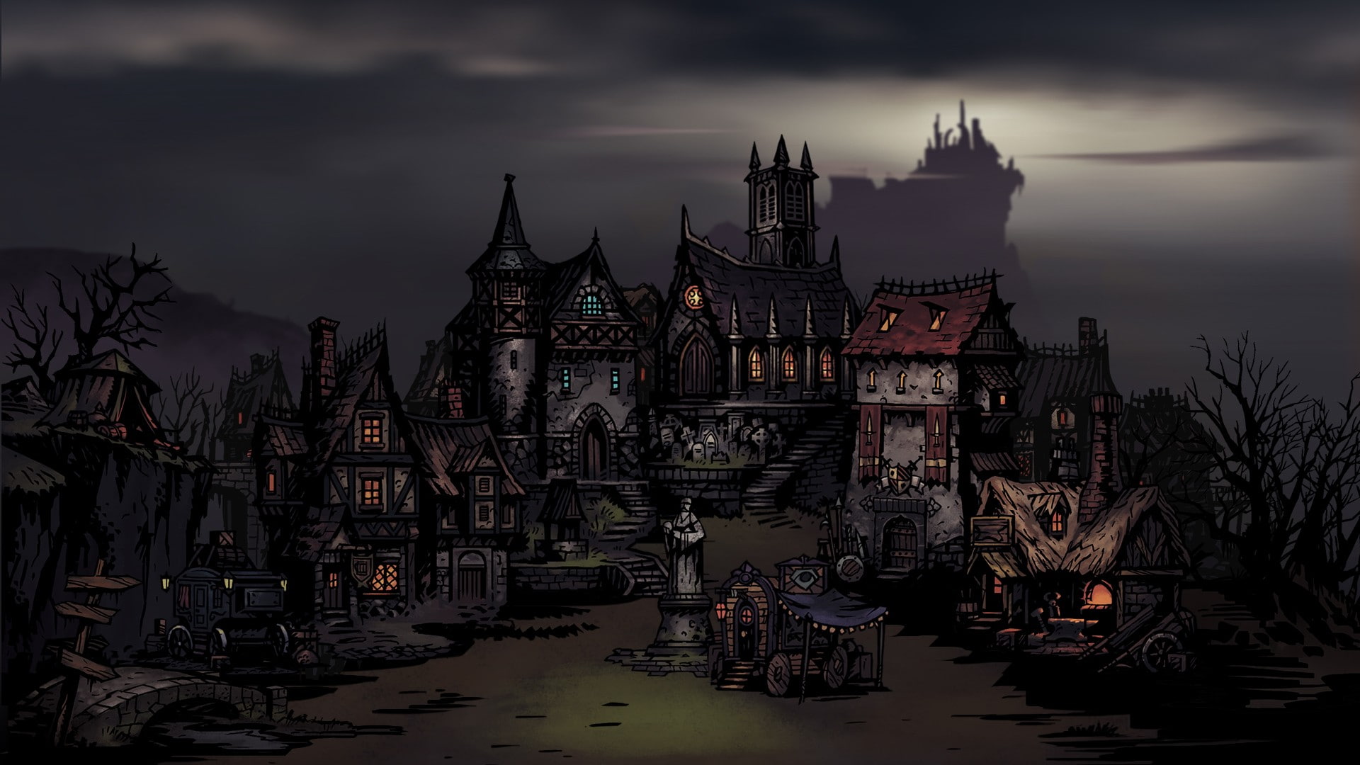 dusk, architecture, belief, religion, cloud - sky, spire, building exterior, no people, outdoors, dark, 1080P, building, sky, Darkest Dungeon, built structure, HD Wallpaper
