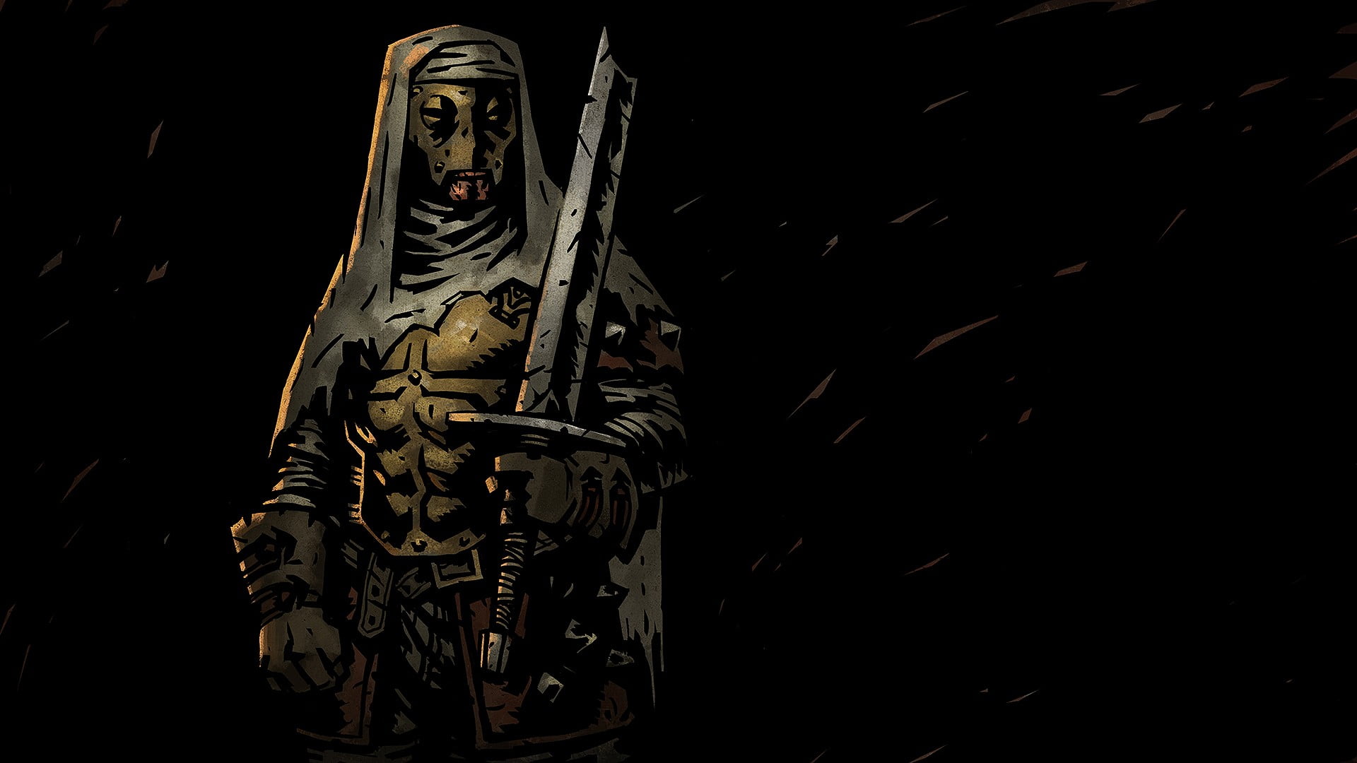 indoors, creativity, 1080P, yellow, Leper, knight, sculpture, still life, belief, close-up, black background, night, pattern, Darkest Dungeon, HD Wallpaper
