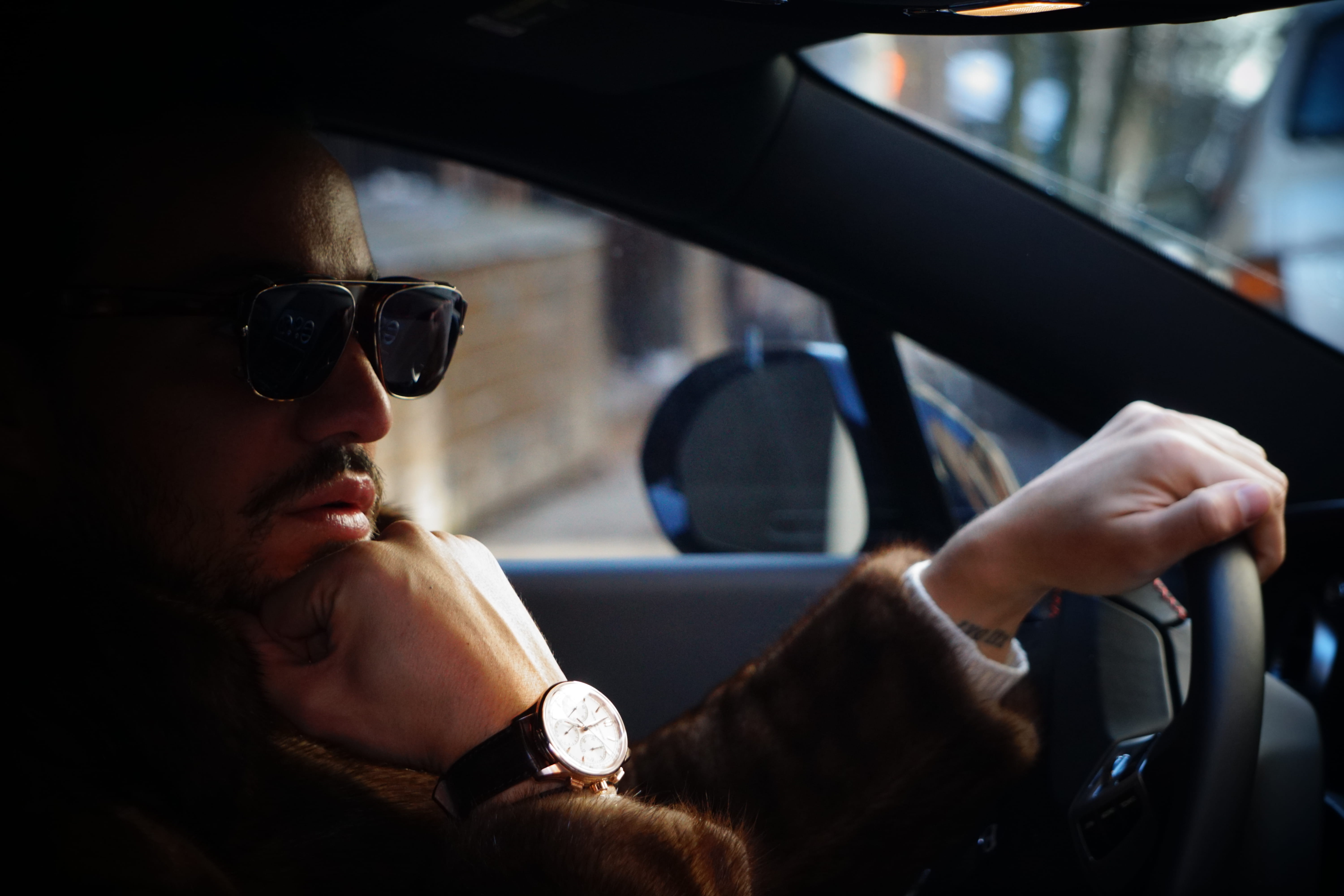 man, colored, 5K, transportation, adult, wristwatch, land vehicle, photography, sunglasses, automobile, motor vehicle, person, sitting, car interior, brown, HD Wallpaper