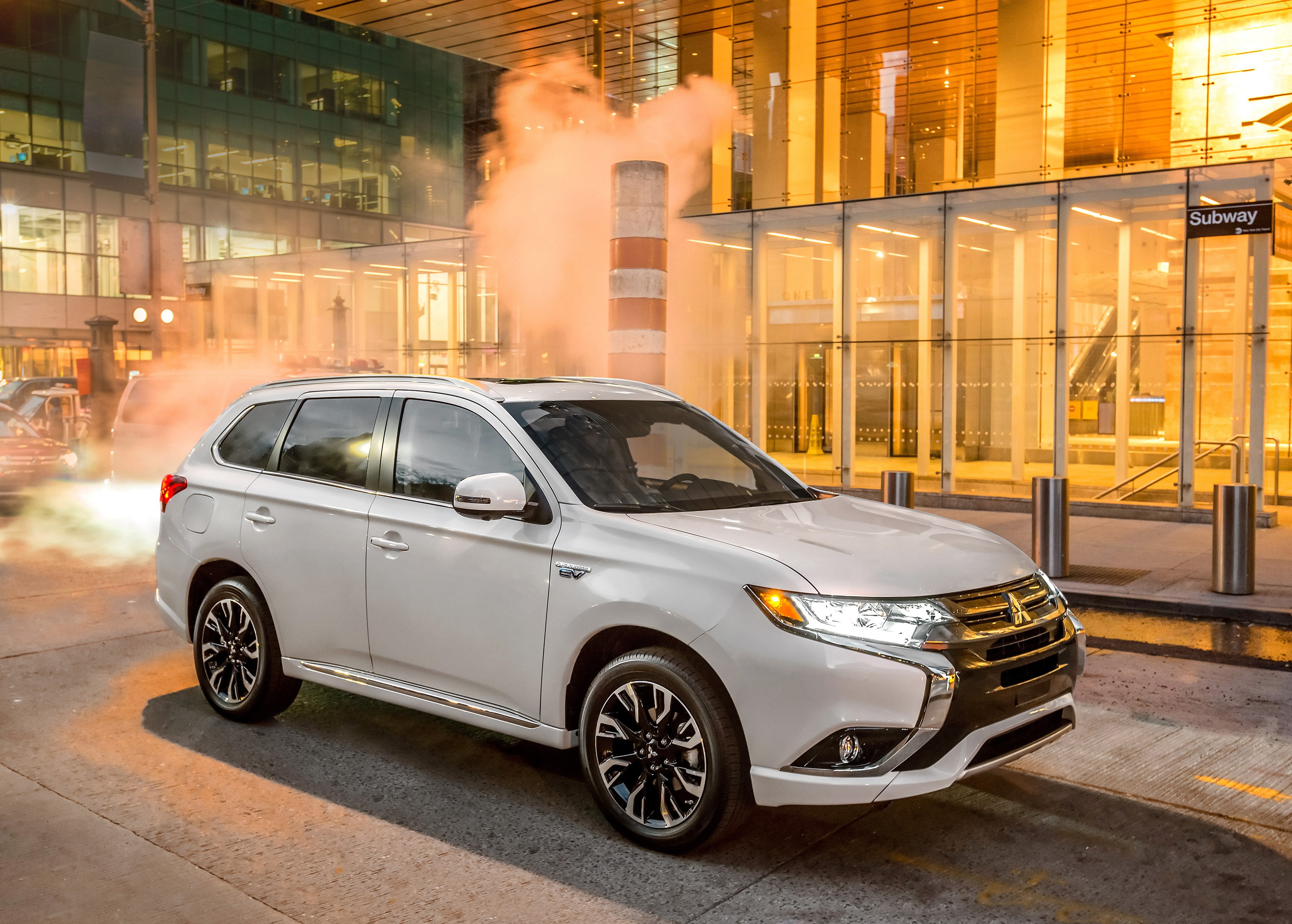 built structure, outdoors, travel, illuminated, on the move, NYIAS 2016, building, motion, mode of transportation, plug-in, Mitsubishi Outlander PHEV, car, HD Wallpaper