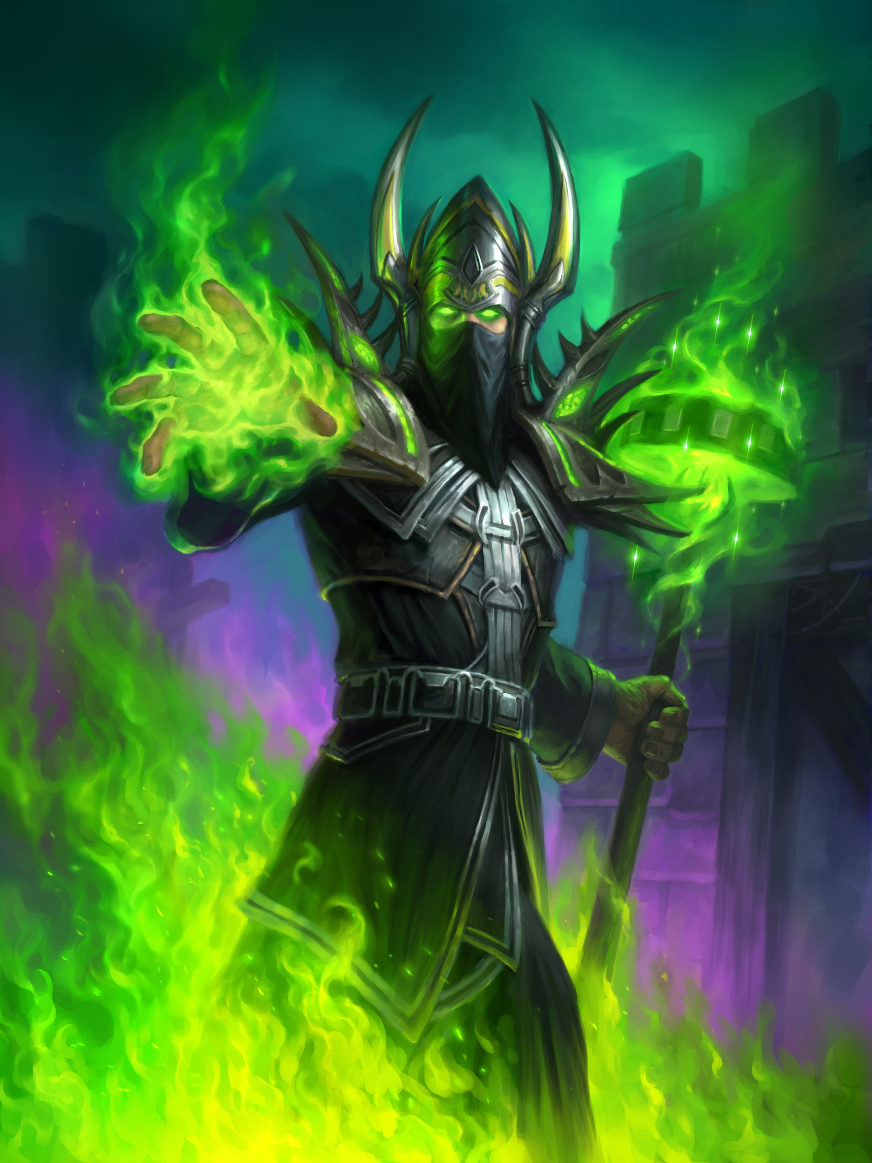 night, front view, women, multi colored, green color, long hair, nightlife, Hearthstone: Heroes of Warcraft, fashion, adult, 4K, outdoors, the witchwood, Phone HD Wallpaper