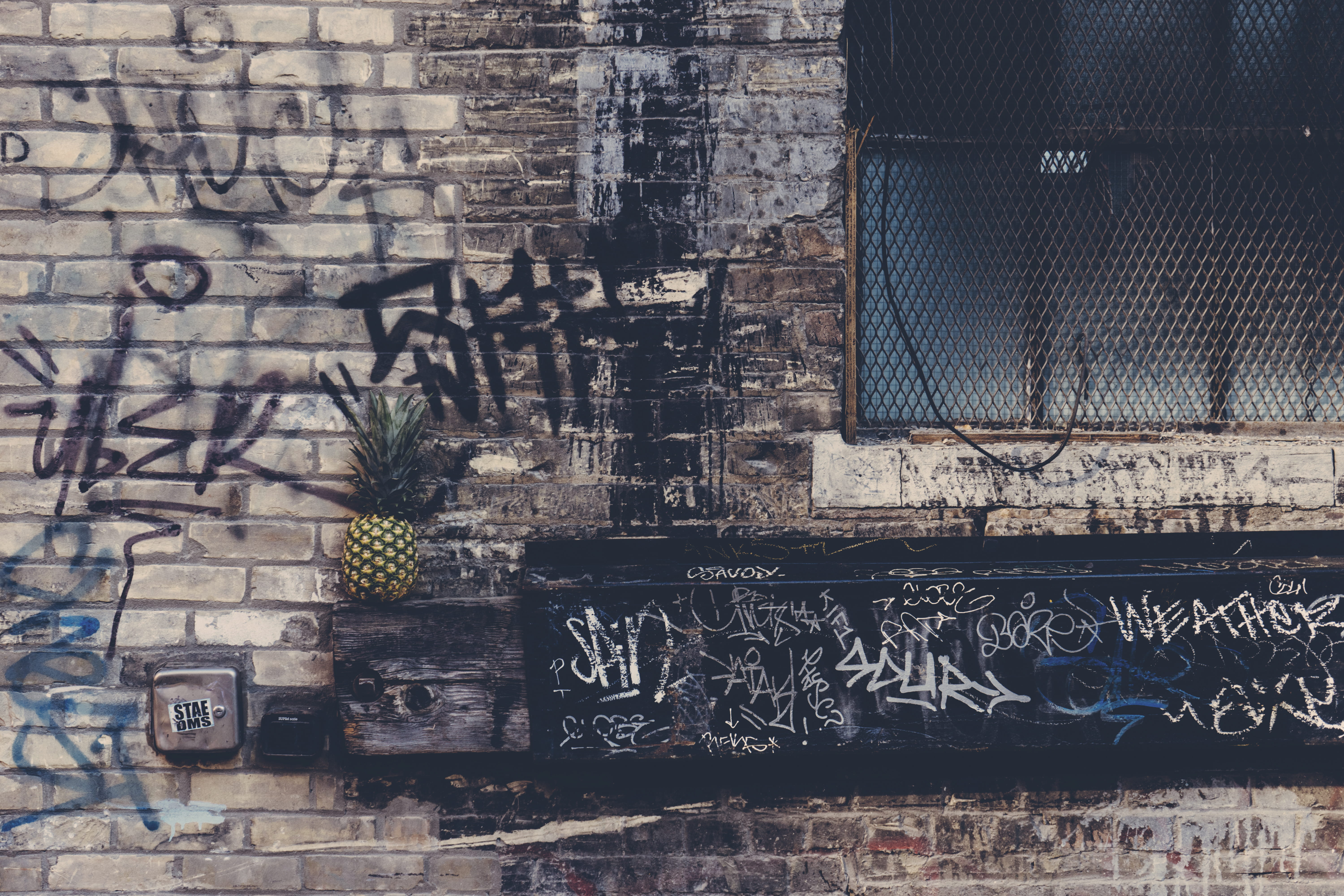 residential district, brick wall, exterior, text, graffiti, fruit, architecture, old, paint, outdoors, vandalism, day, building exterior, vandalized, vandals, HD Wallpaper