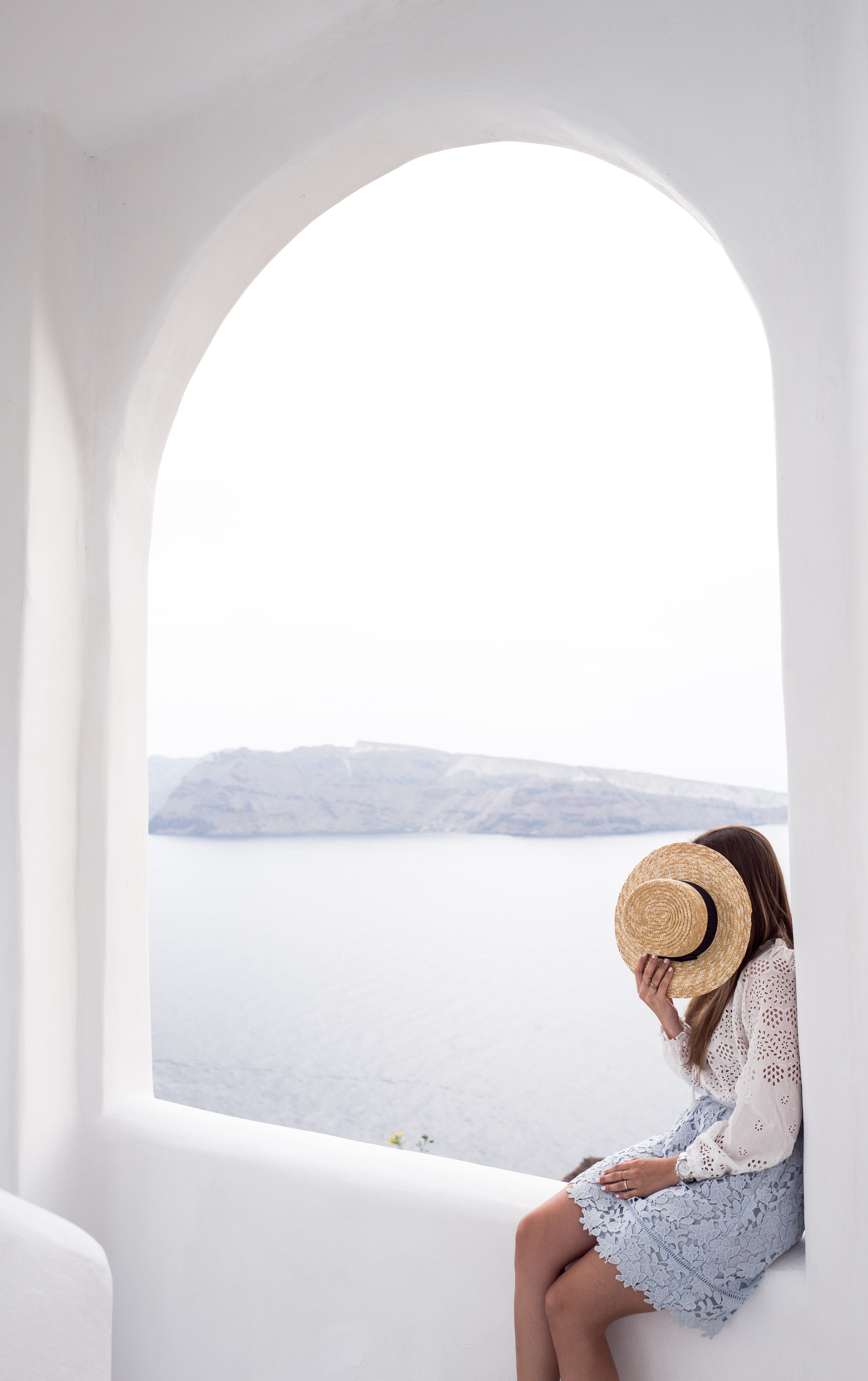panorama, relaxation, sea, real people, travel, window, santorini, covering face, hat, woman, scenics - nature, holding, edge, white, summertime, greece, Phone HD Wallpaper