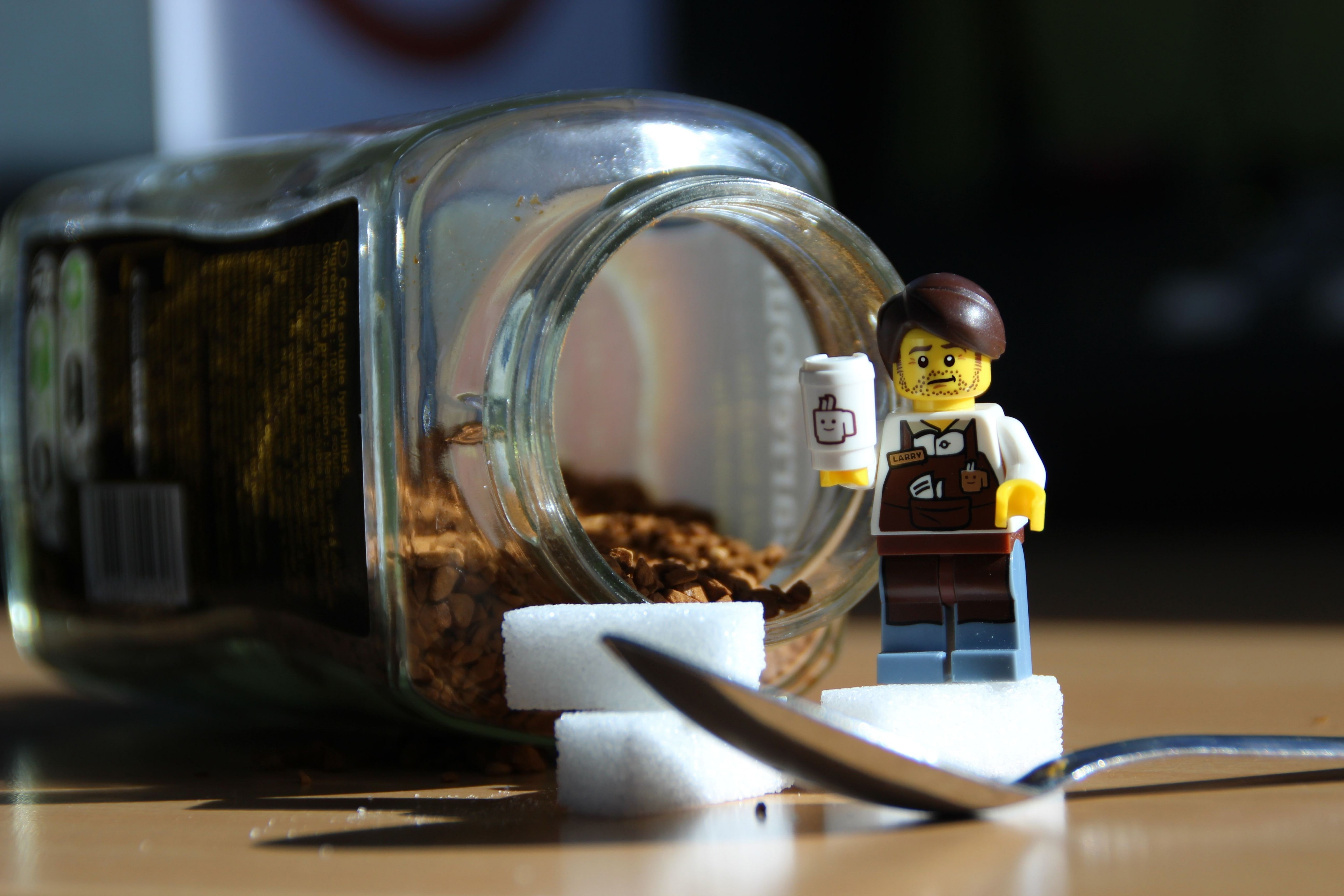 table, photography, 5K, Miniatures, Spoon, humor, Depth Of Field, closeup, Nescafe, Sugar, Lego, toys, coffee, HD Wallpaper