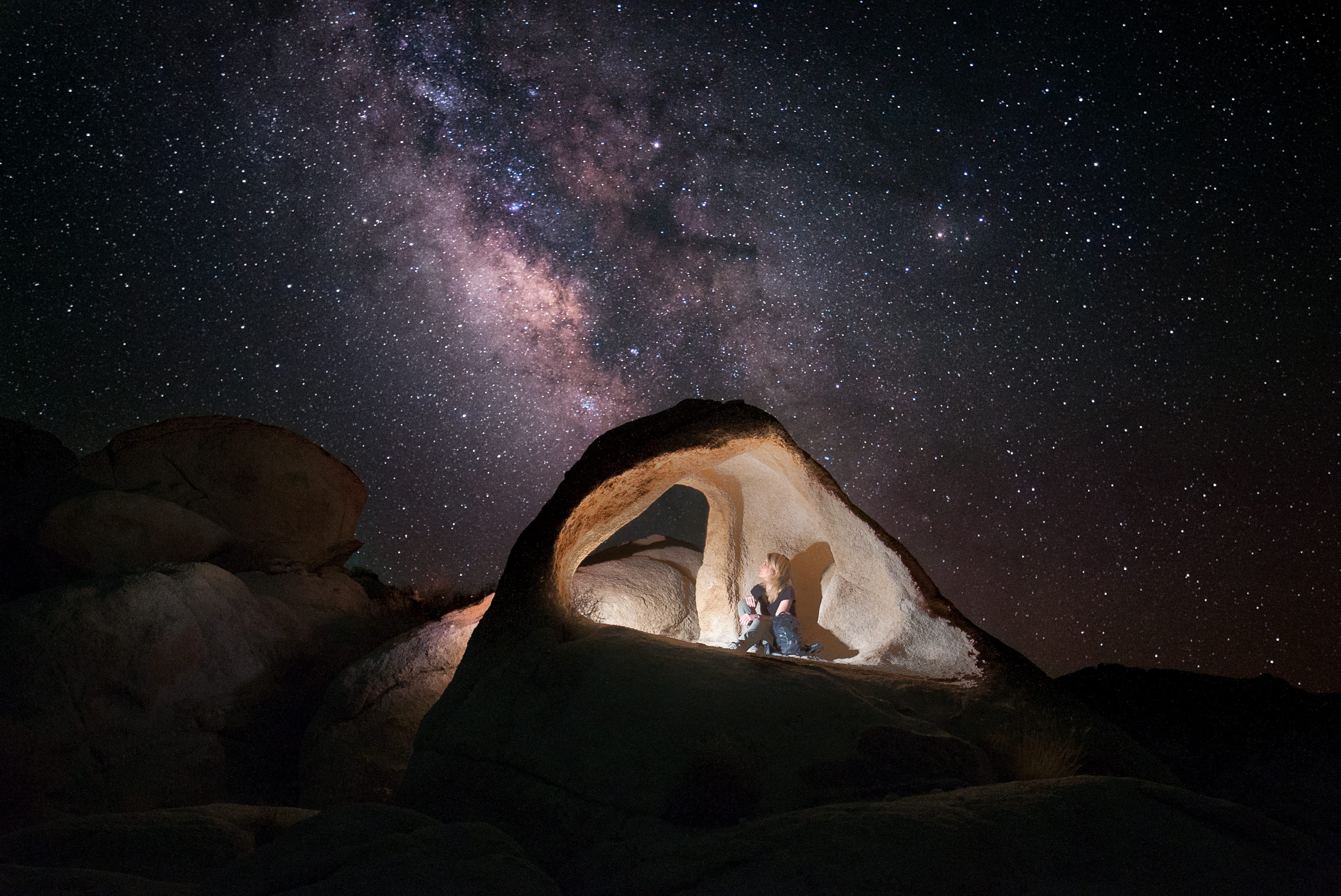 cave, rock - object, man, milky way, space, formation, rock formation, light, one person, astronomy, sky, nature, person, night, solid, desert, galaxy, HD Wallpaper