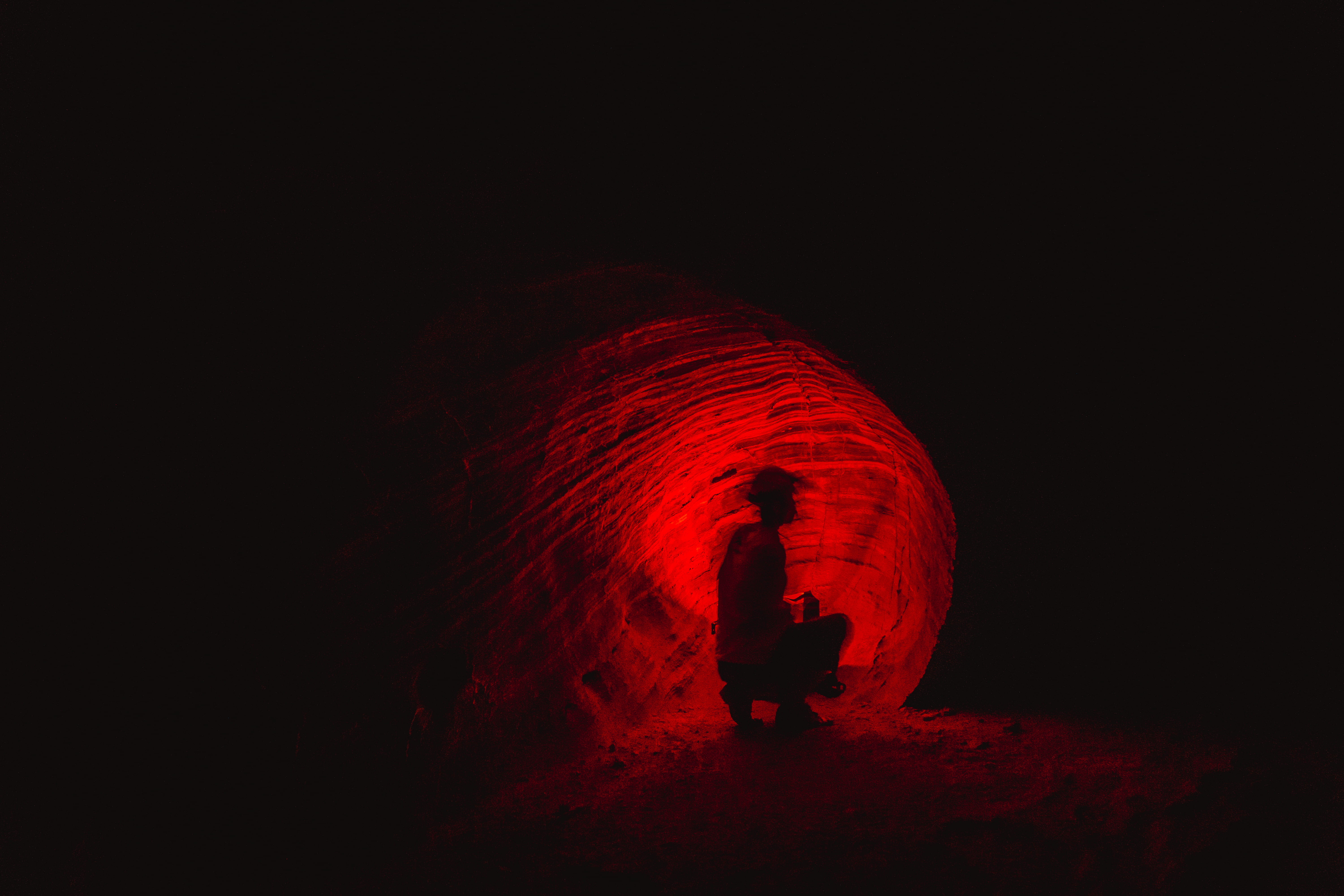 person, man, 5K, black background, hole, celebration, red, adult, one person, illuminated, light, horror, full length, men, night, fear, copy space, mystery, HD Wallpaper