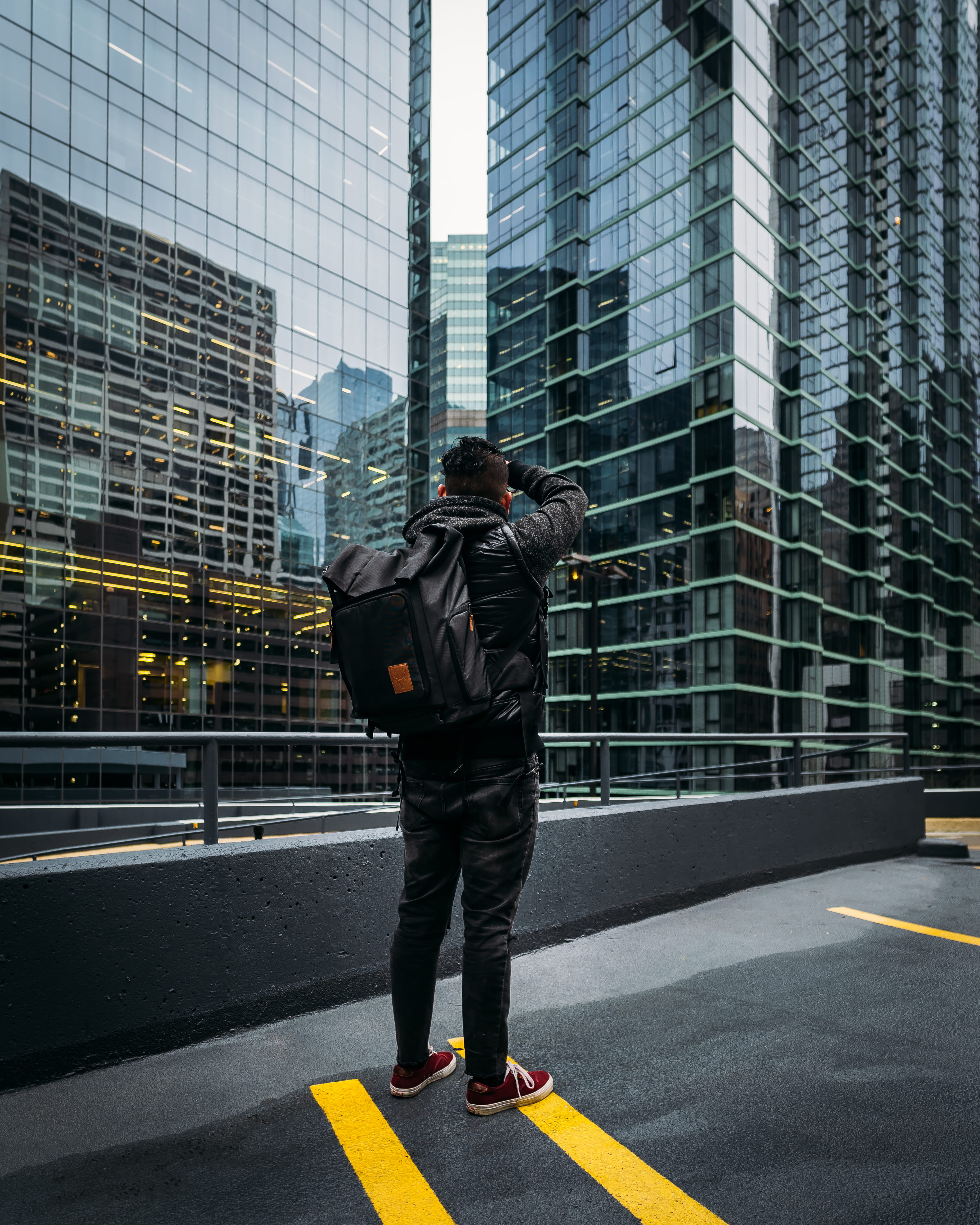photographing, skyscraper, urban, office building exterior, rear view, activity, street, building exterior, men, person, glass windows, city, photographer, Phone HD Wallpaper