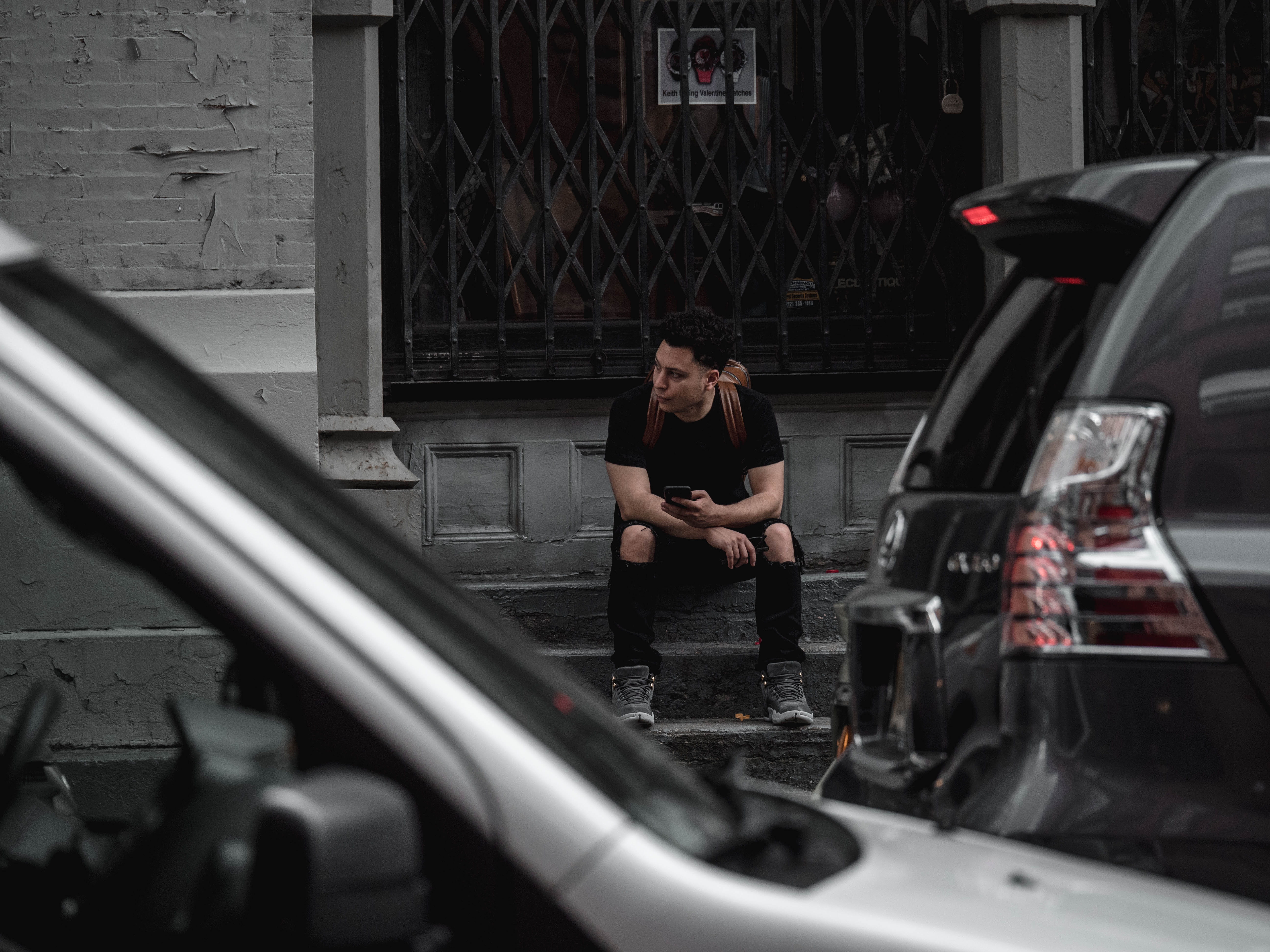 day, motor vehicle, front view, person, looking away, fashion, land vehicle, boy, man, sitting, manhattan, step, black, lifestyles, 5K, candid, vehicle, HD Wallpaper